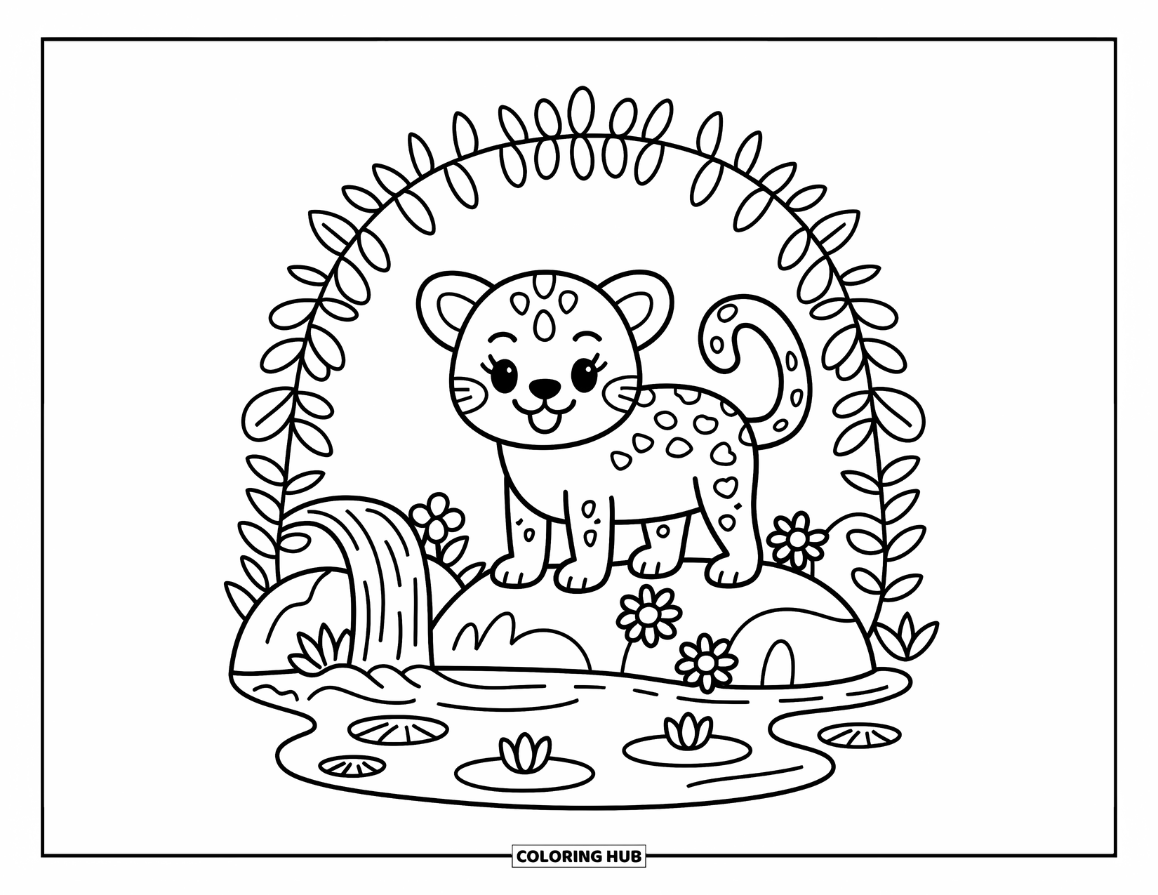 Jaguar Ausmalbild für Erwachsene: Ein fröhlicher Jaguar auf einem Felsblock in der Nähe eines Wasserfalls, mit Blumen und einer gemütlichen, handgezeichneten Atmosphäre