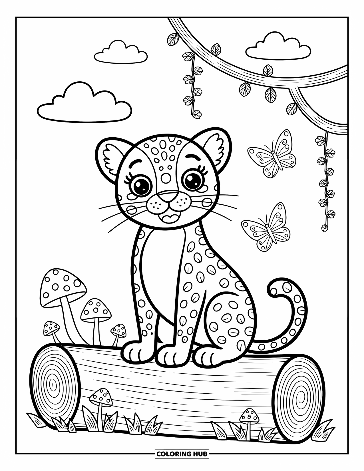 Jaguar Ausmalbild für Erwachsene: Ein fröhlicher Jaguar sitzt auf einem Baumstamm unter Lianen und Wolken, mit einem gemütlichen Kawaii-Gefühl