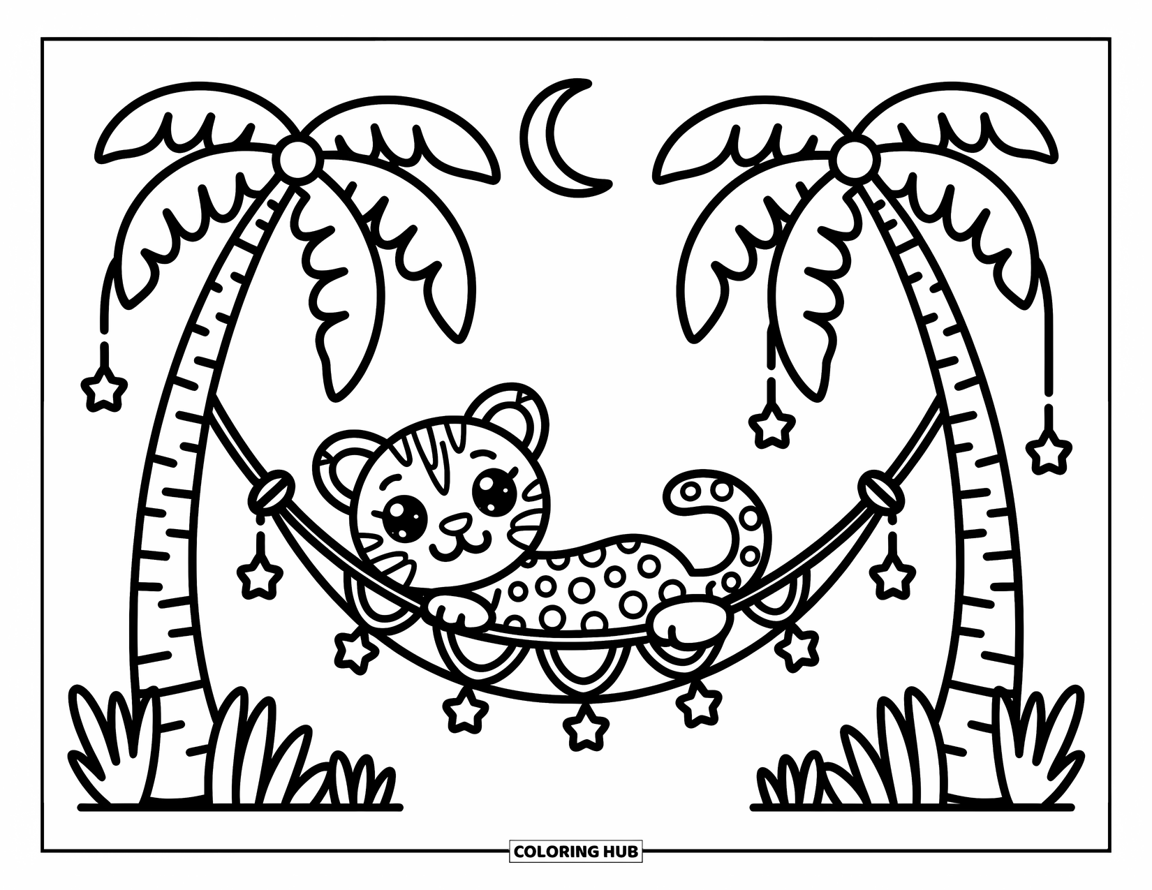 Jaguar Ausmalbild für Erwachsene: Ein gemütlicher Jaguar schwingt in einer Lianenhängematte unter Sternen, umgeben von ruhiger Dschungellandschaft