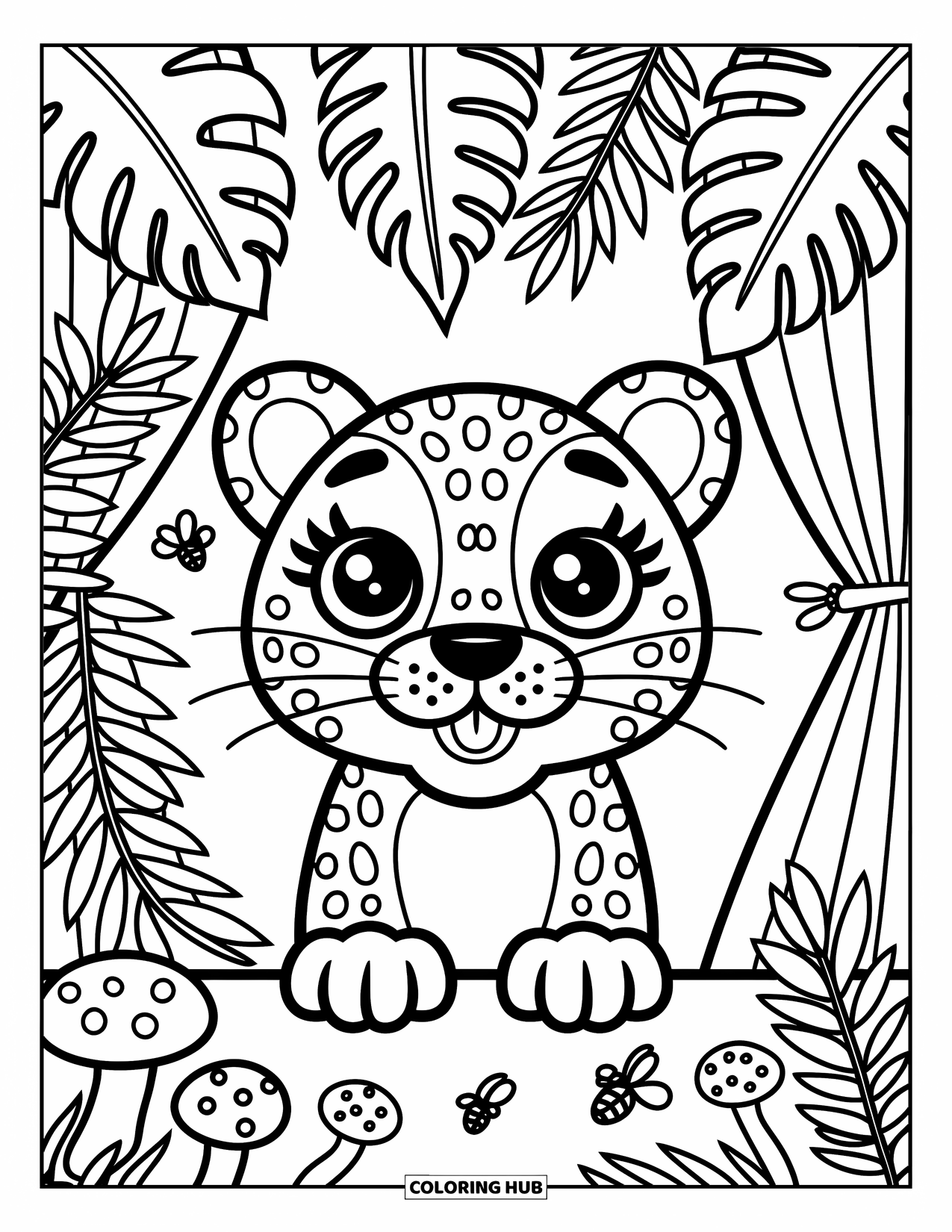 Jaguar Ausmalbild für Erwachsene: Ein neugieriger Jaguar grinst hinter Lianen hervor, umgeben von belaubten Pflanzen und winzigem Dschungelleben
