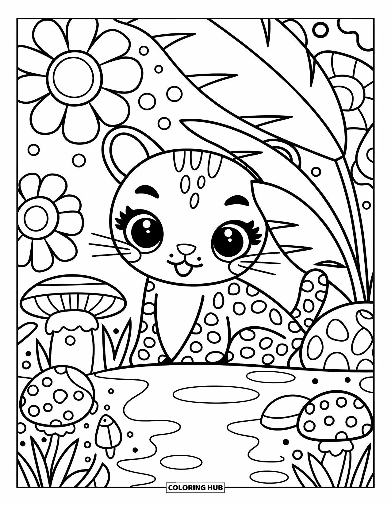 Jaguar Ausmalbild für Erwachsene: Ein neugieriger Jaguar späht hinter einem Bananenblatt hervor, mit Pilzen und Blumen in der Nähe