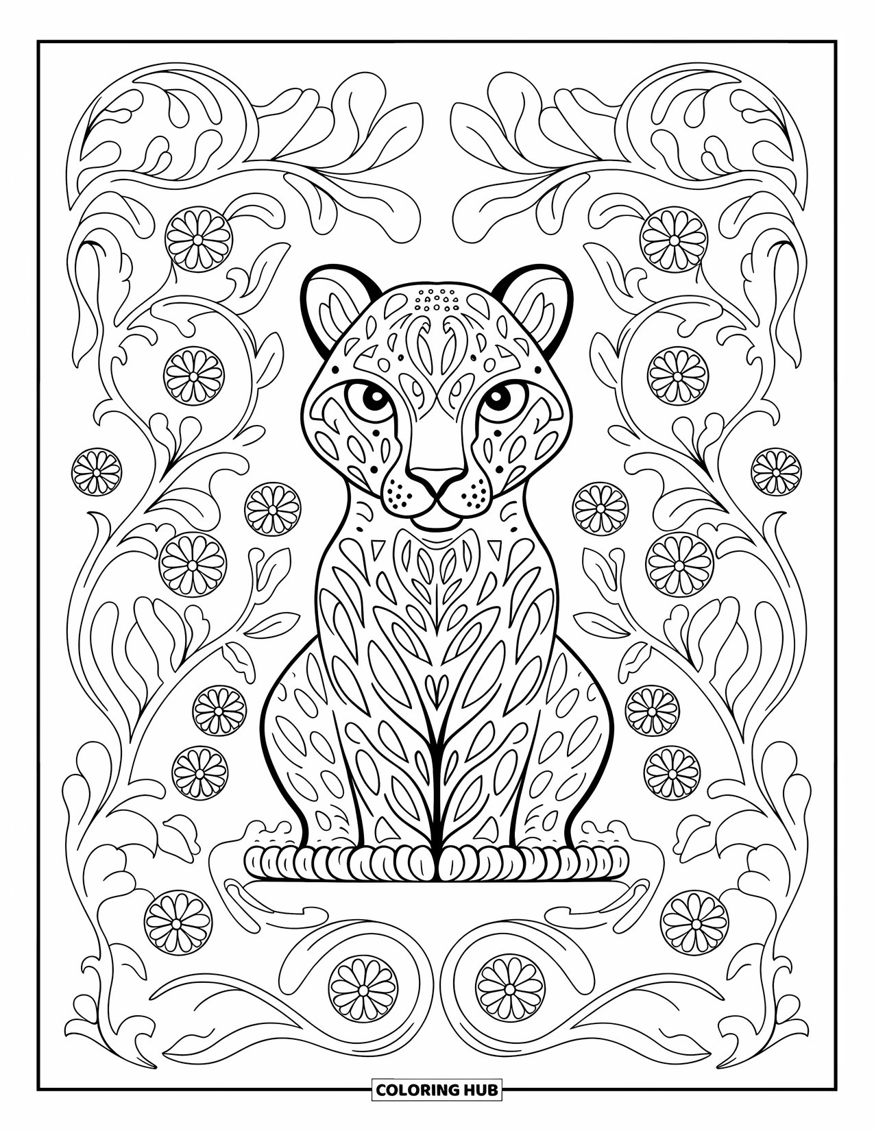 Jaguar Ausmalbild für Erwachsene: Ein nach vorne gerichteter Jaguar sitzt inmitten von symmetrischen Rosetten und filigranen Lianen
