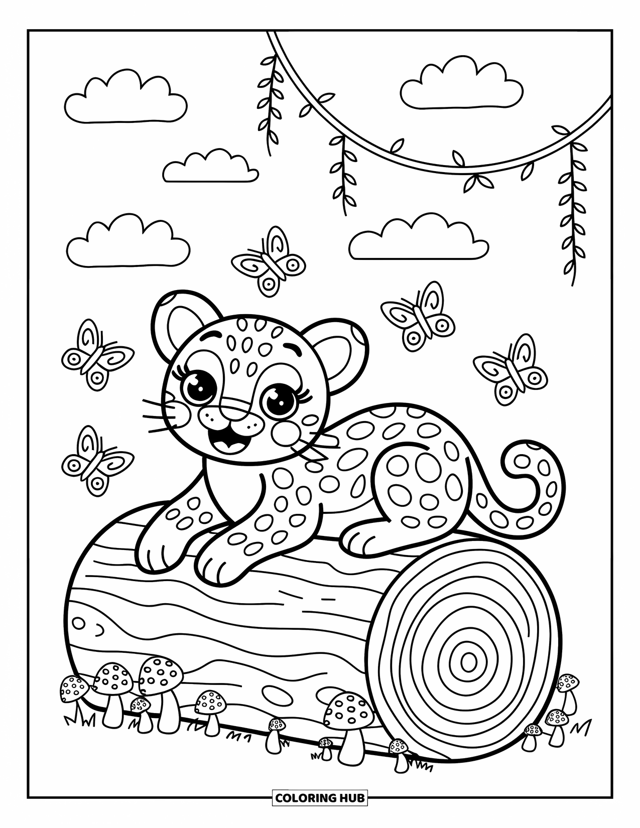 Jaguar Ausmalbild für Erwachsene: Ein glücklicher Jaguar faulenzt auf einem Baumstamm mit Schmetterlingen, Pilzen und flauschigen Wolken über sich