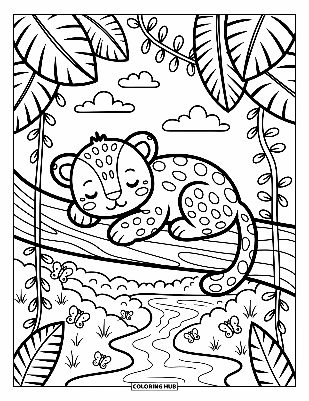 Jaguar Ausmalbild für Erwachsene: Ein Jaguarwelpe macht ein Nickerchen auf einem Baumast mit Lianen, Blättern und Schmetterlingen, die in der Nähe schweben