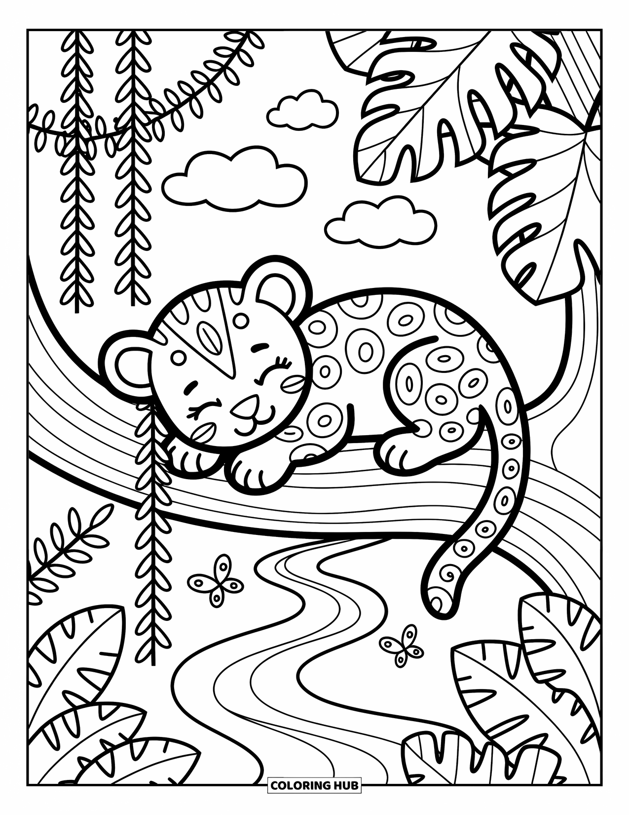 Jaguar Ausmalbild für Erwachsene: Ein Jaguarwelpe schläft auf einem Ast unter Wolken und Lianen mit Schmetterlingen in der Nähe