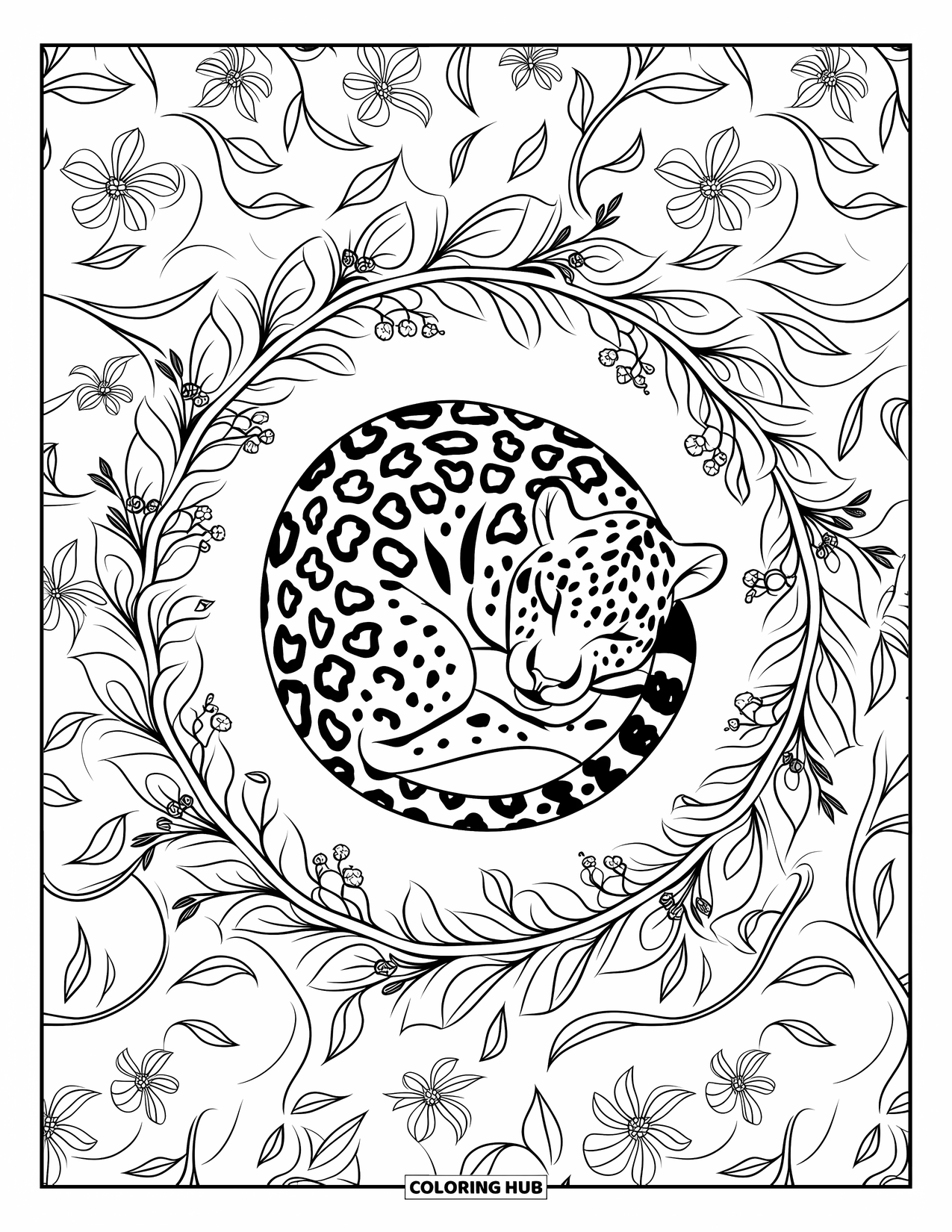 Jaguar Ausmalbild für Erwachsene: Ein Jaguar döst in der Mitte eines Rahmens aus verschlungenen Blättern und Blumen