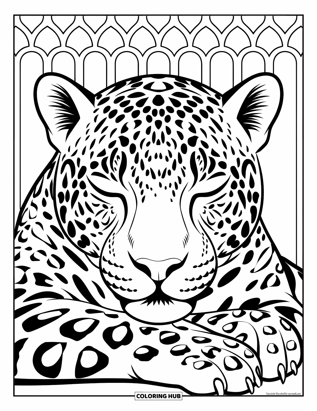 Jaguar Ausmalbild für Erwachsene: Ein Jaguar-Gesicht mit geschlossenen Augen ruht auf Pfoten inmitten eines Musters aus verbundenen Kreisen