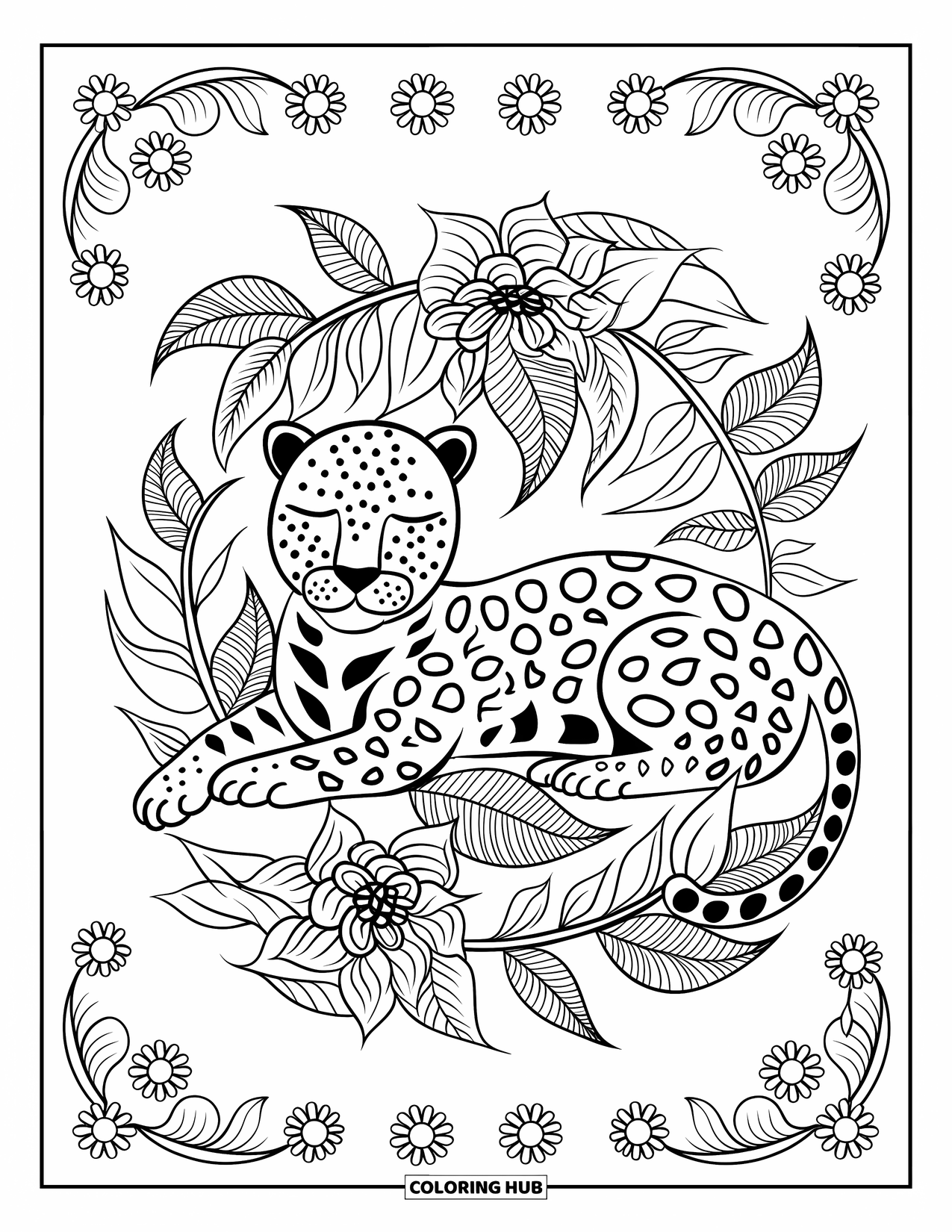 Jaguar Ausmalbild für Erwachsene: Ein Jaguar liegt inmitten von gemusterten Blättern und Blumen, die in einem kreisförmigen Rahmen angeordnet sind