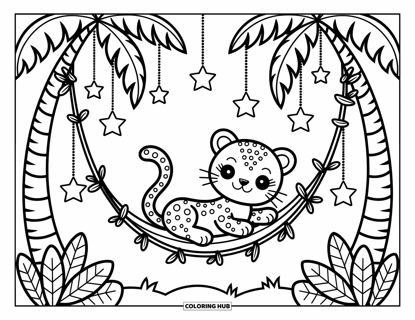 Jaguar Ausmalbild für Erwachsene: Ein Jaguar faulenzt in einer Lianenhängematte zwischen Palmen, mit Sternen und sanftem Mondlicht darüber