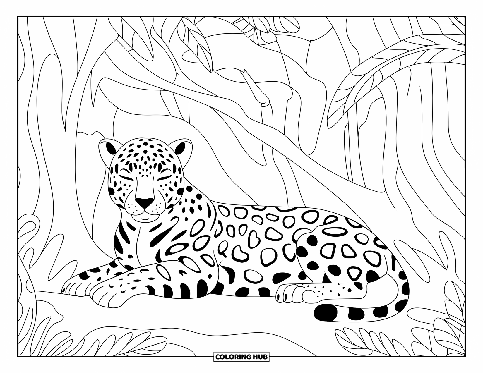Jaguar Ausmalbild für Erwachsene: Ein Jaguar ruht friedlich unter einem Blätterdach mit komplexen Baumstämmen und kräftigen Linien
