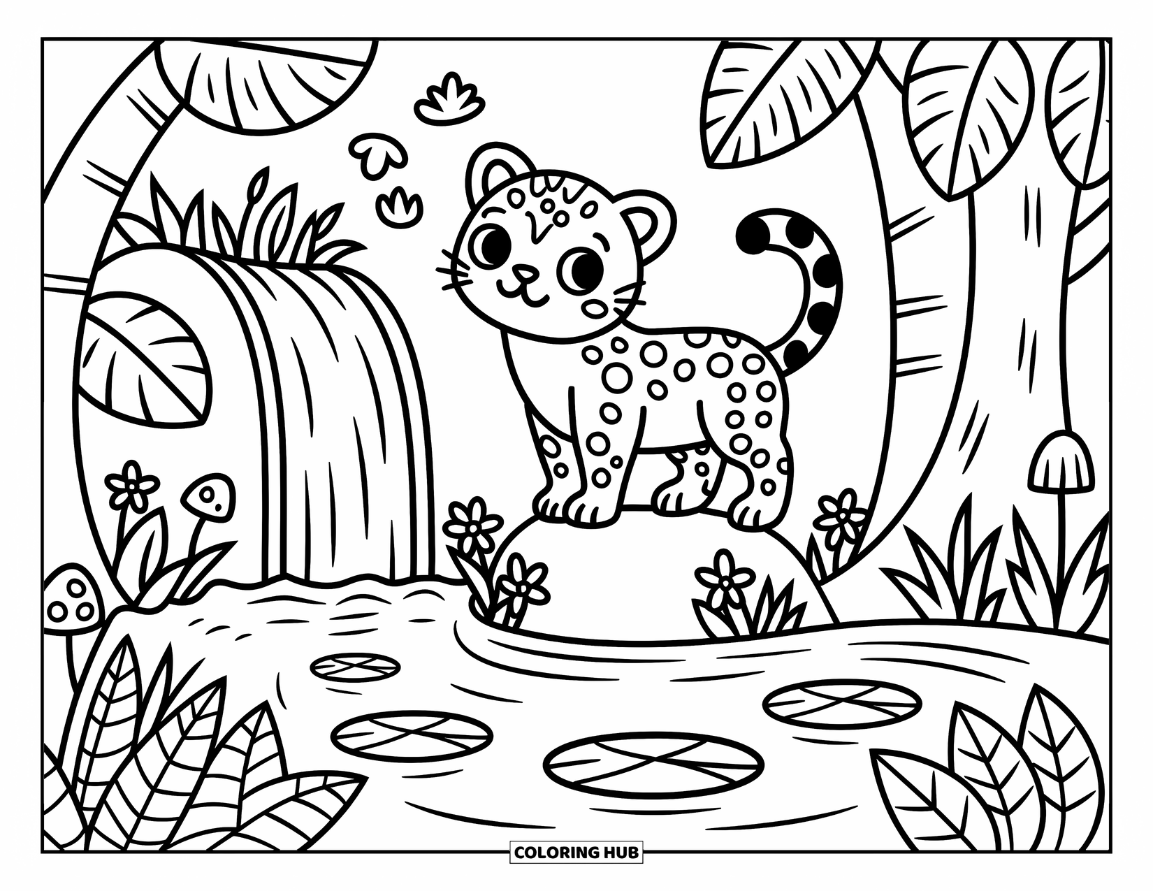 Jaguar Ausmalbild für Erwachsene: Ein Jaguar steht in der Nähe eines Wasserfalls, der von Dschungelbäumen umrahmt wird, mit winzigen Pilzen und weichen Linien