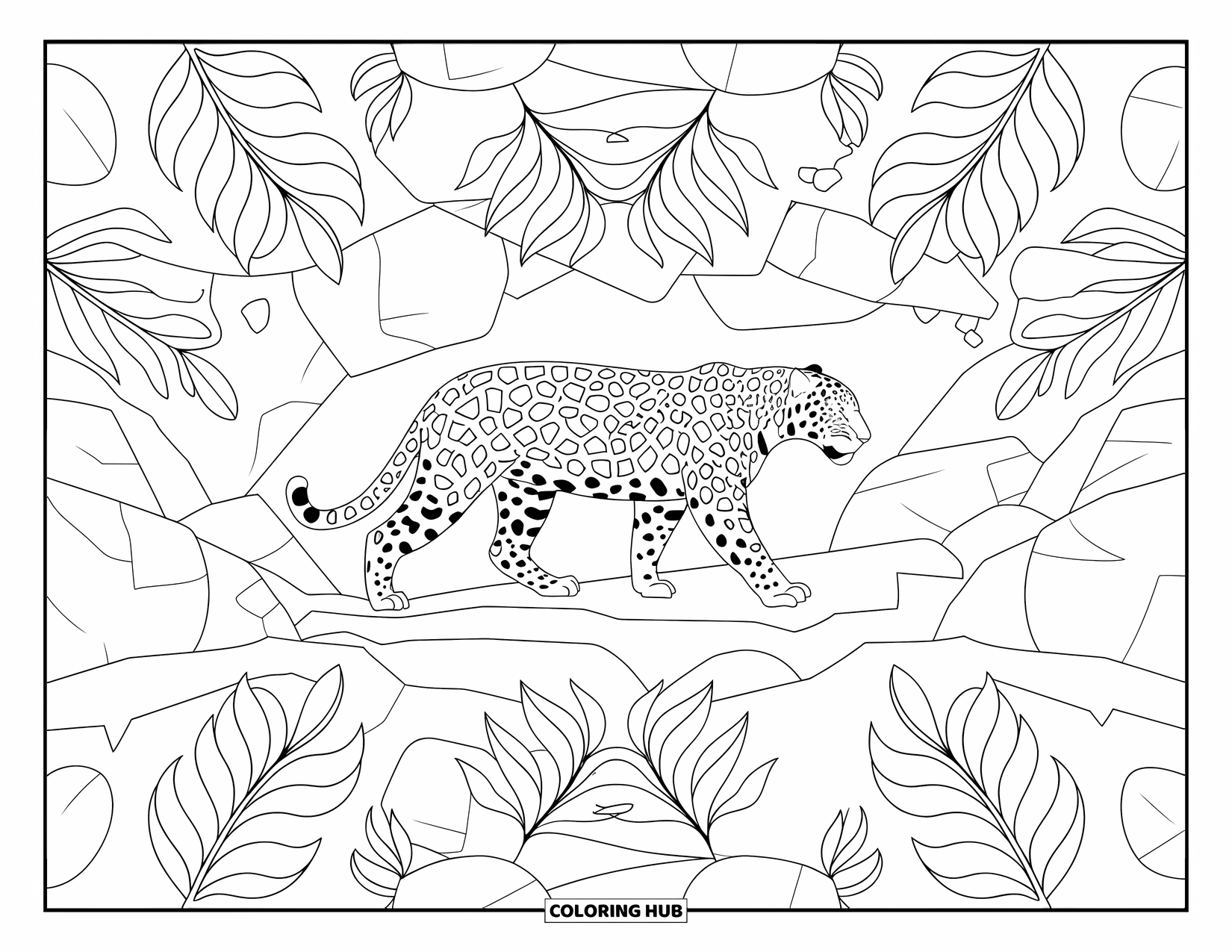Jaguar Ausmalbild für Erwachsene: Ein Jaguar geht auf einem sauber umrissenen Pfad durch symmetrische Dschungelpflanzen und Felsen