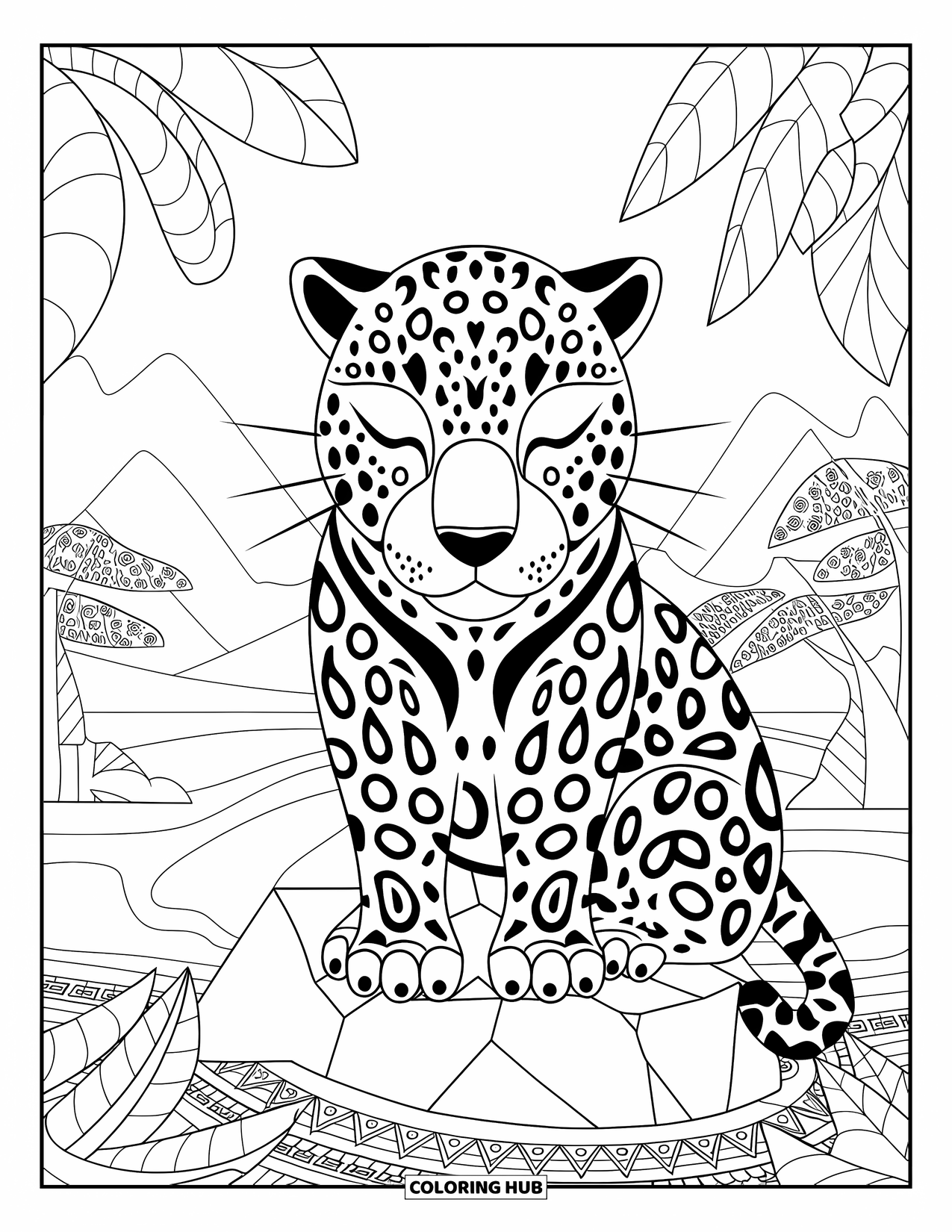 Jaguar Ausmalbild für Erwachsene: Ein Jaguar mit Stammeszeichen sitzt auf einem Felsen in einer Szene mit Wasser, Bäumen und Mustern