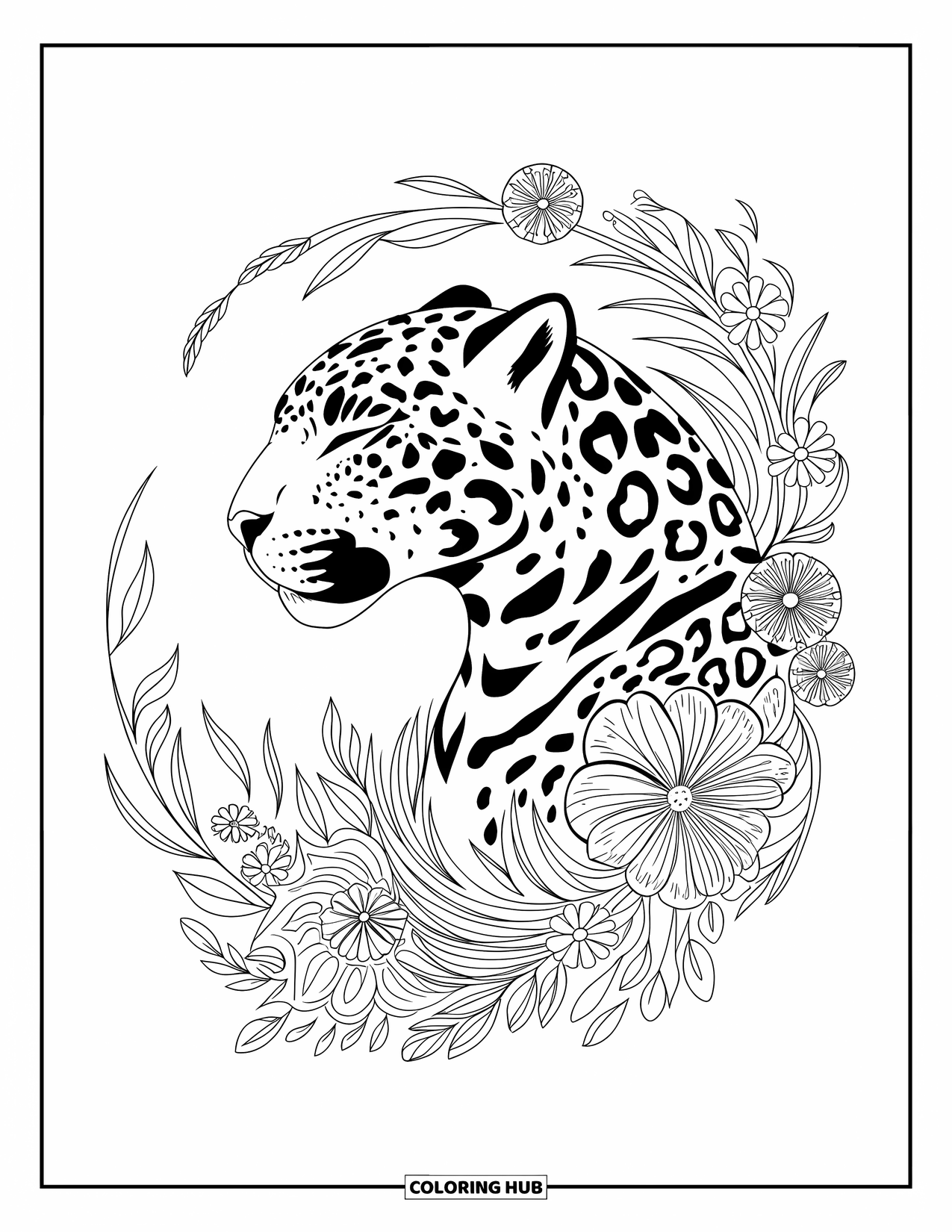Jaguar Ausmalbild für Erwachsene: Ein meditativer Jaguar-Kopf im Profil schwebt inmitten detaillierter floraler Wirbel und Blätter
