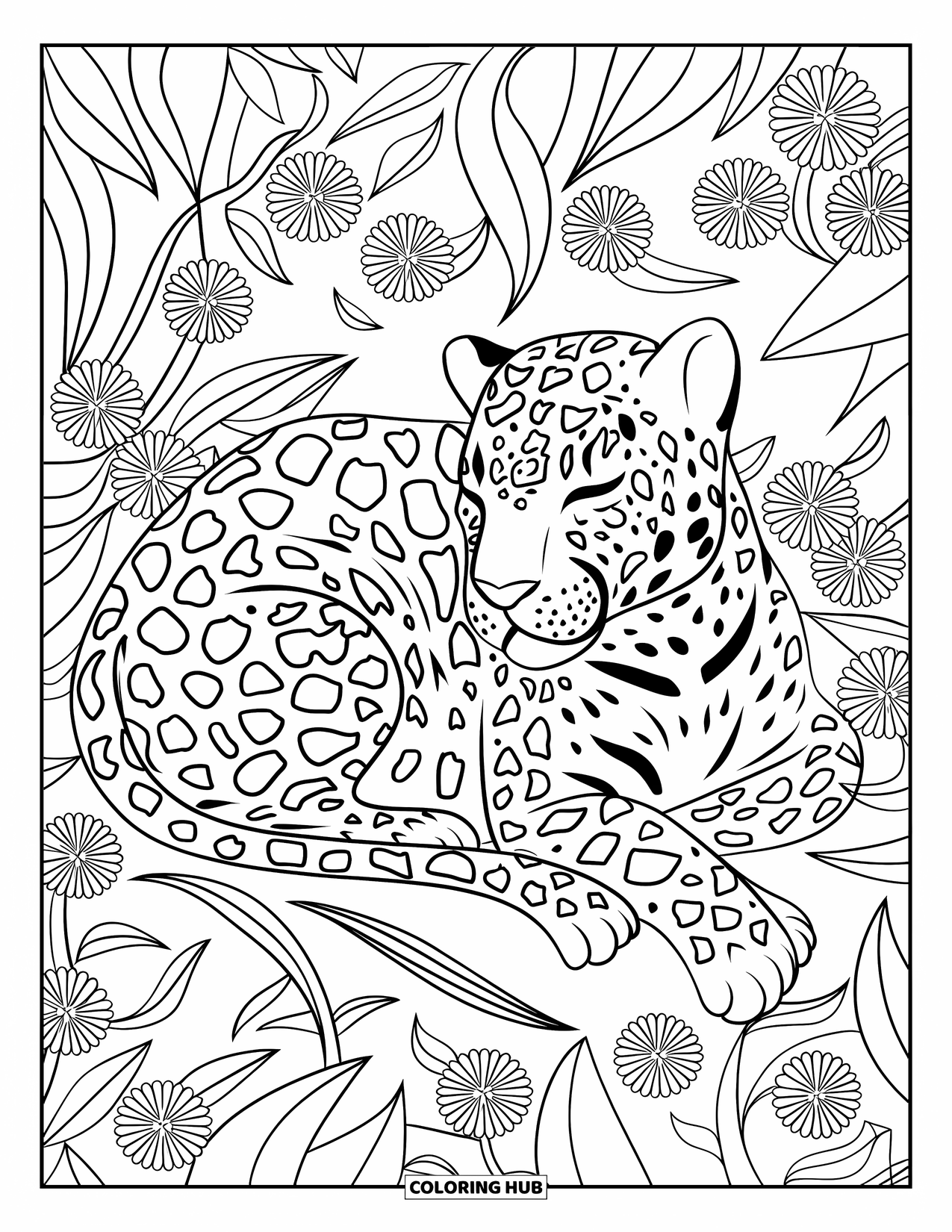 Jaguar Ausmalbild für Erwachsene: Ein friedlicher Jaguar liegt auf stilisierten Blättern mit einem Hintergrund aus strukturierten floralen Details