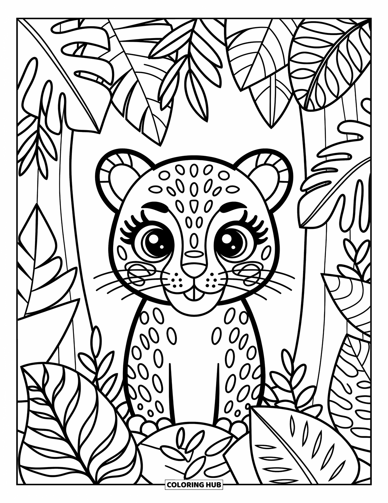 Jaguar Ausmalbild für Erwachsene: Ein verspielter Jaguar späht hinter Lianen mit weichen Blättern und charmanten Miniaturelementen hervor