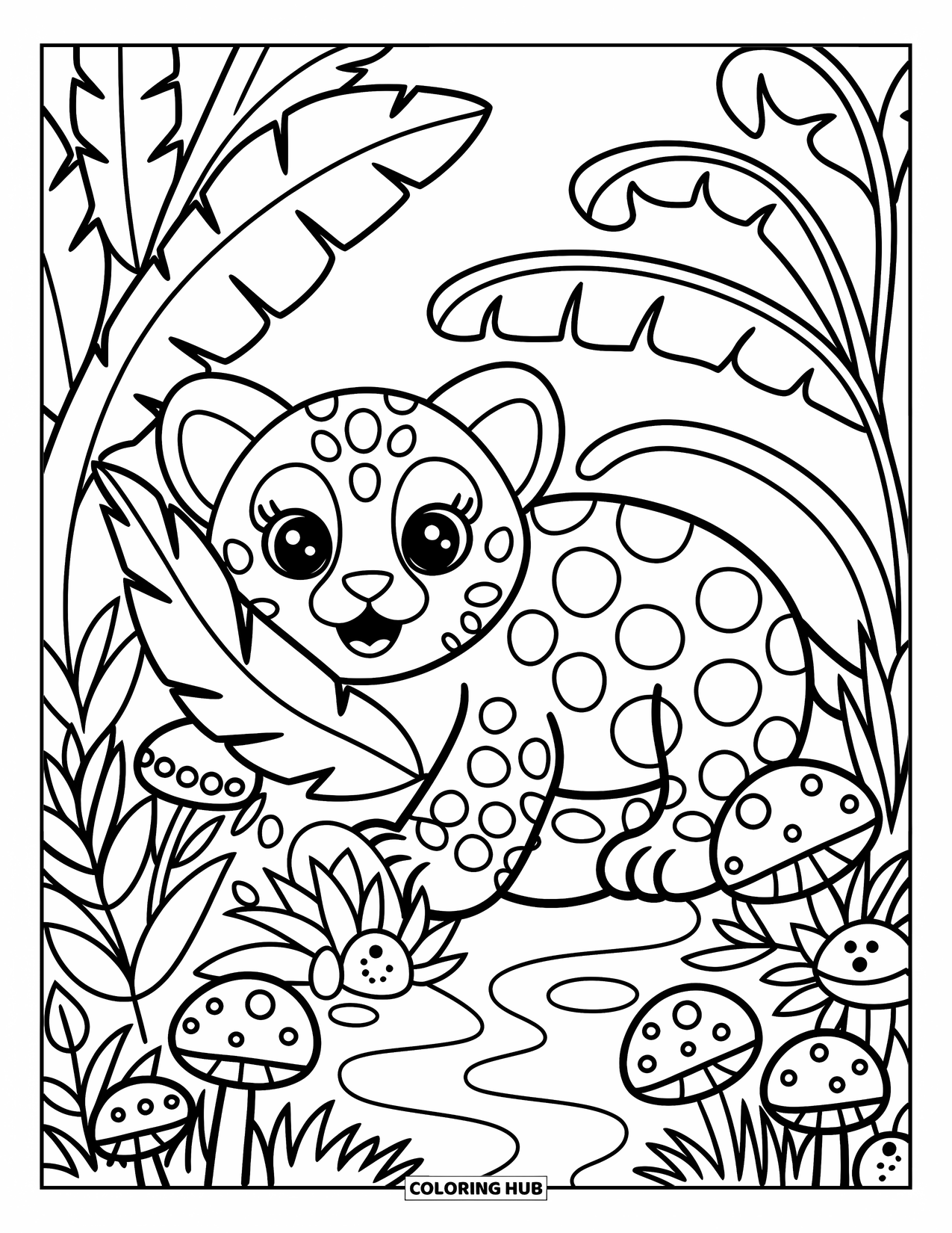 Jaguar Ausmalbild für Erwachsene: Ein verspielter Jaguar späht durch Dschungelblätter mit einem Bach und gepunkteten Pilzen dahinter