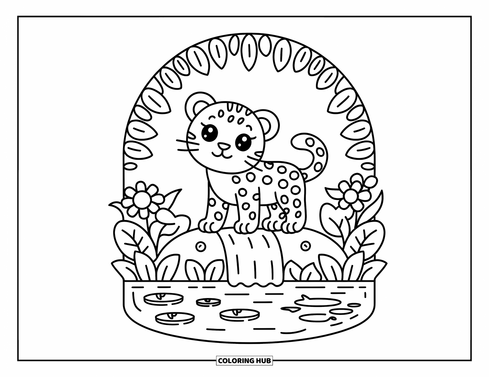 Jaguar Ausmalbild für Erwachsene: Ein stolzer Jaguar steht auf einem Felsblock in der Nähe eines Wasserfalls, umgeben von Blumen und belaubten Bögen