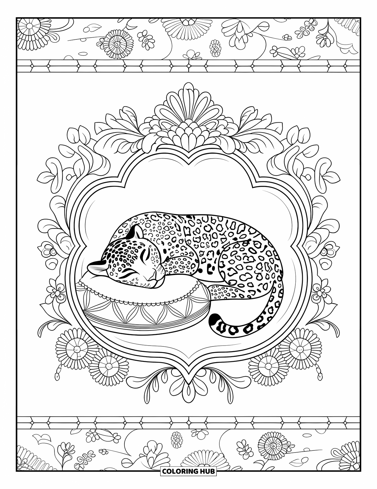 Jaguar Ausmalbild für Erwachsene: Ein entspannter Jaguar döst auf einem Kissen innerhalb einer floralen Bordüre und einem weich gemusterten Stoff