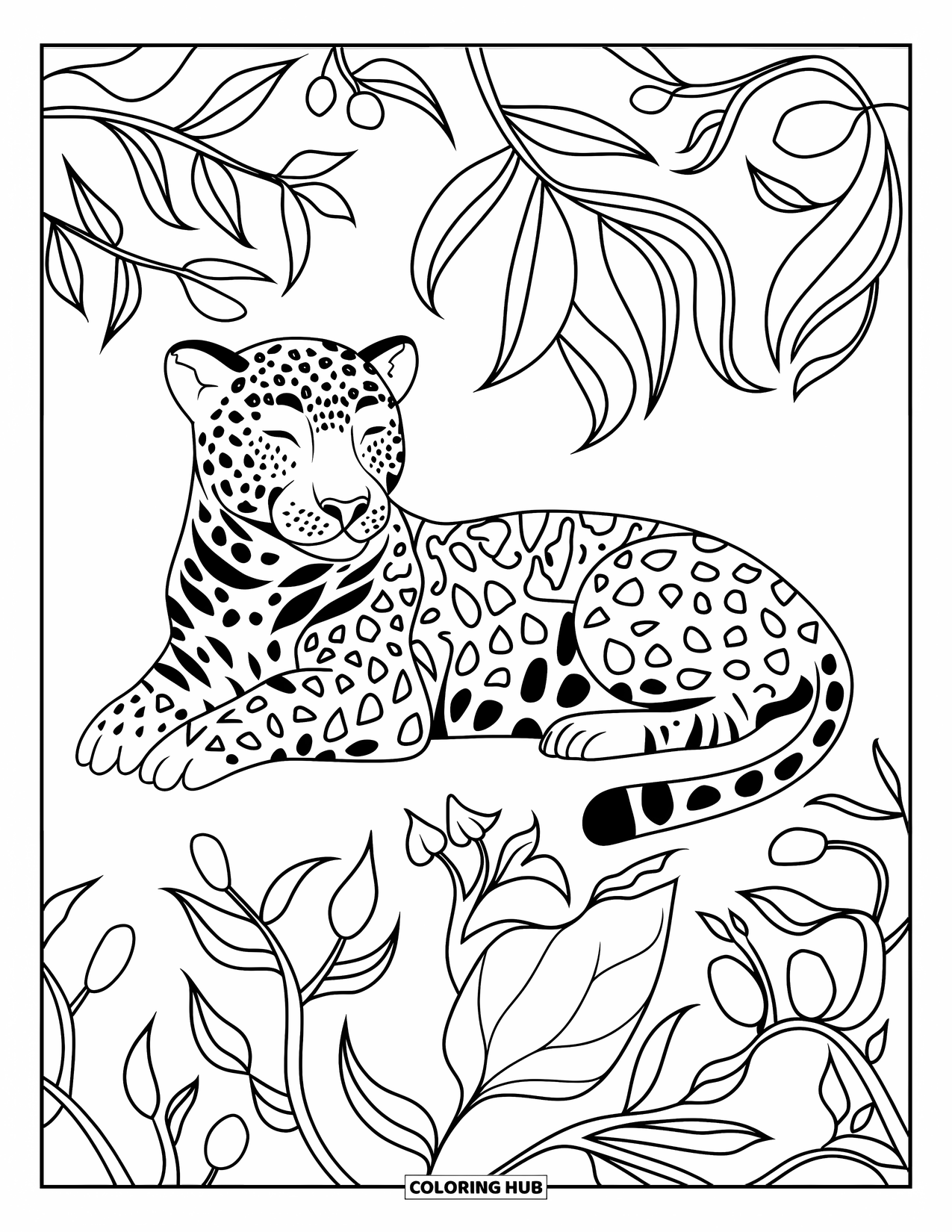 Jaguar Ausmalbild für Erwachsene: Ein entspannter Jaguar ruht inmitten von Blättern und Blumen voller detaillierter Linienführung