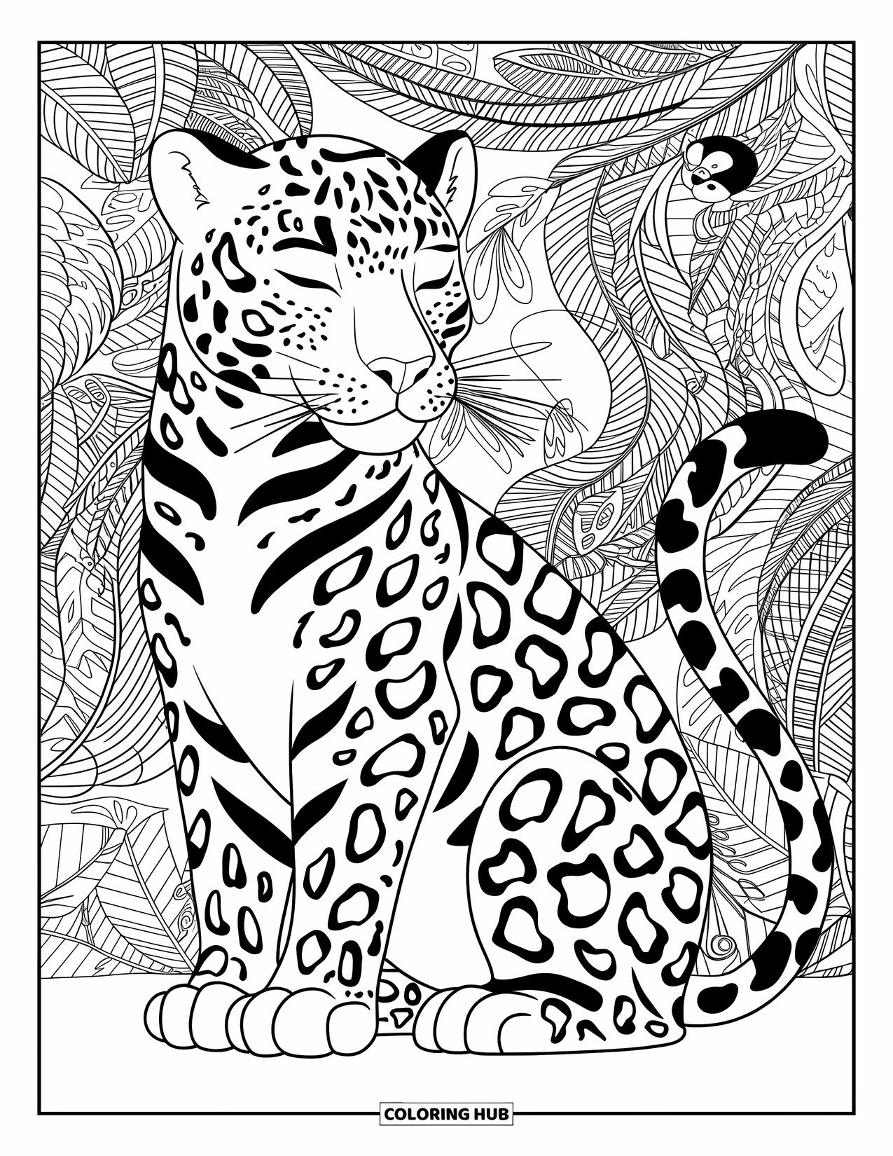 Jaguar Ausmalbild für Erwachsene: Ein sitzender Jaguar mit geschlossenen Augen wird von gemusterten Dschungelblättern, Lianen und Tieren umrahmt