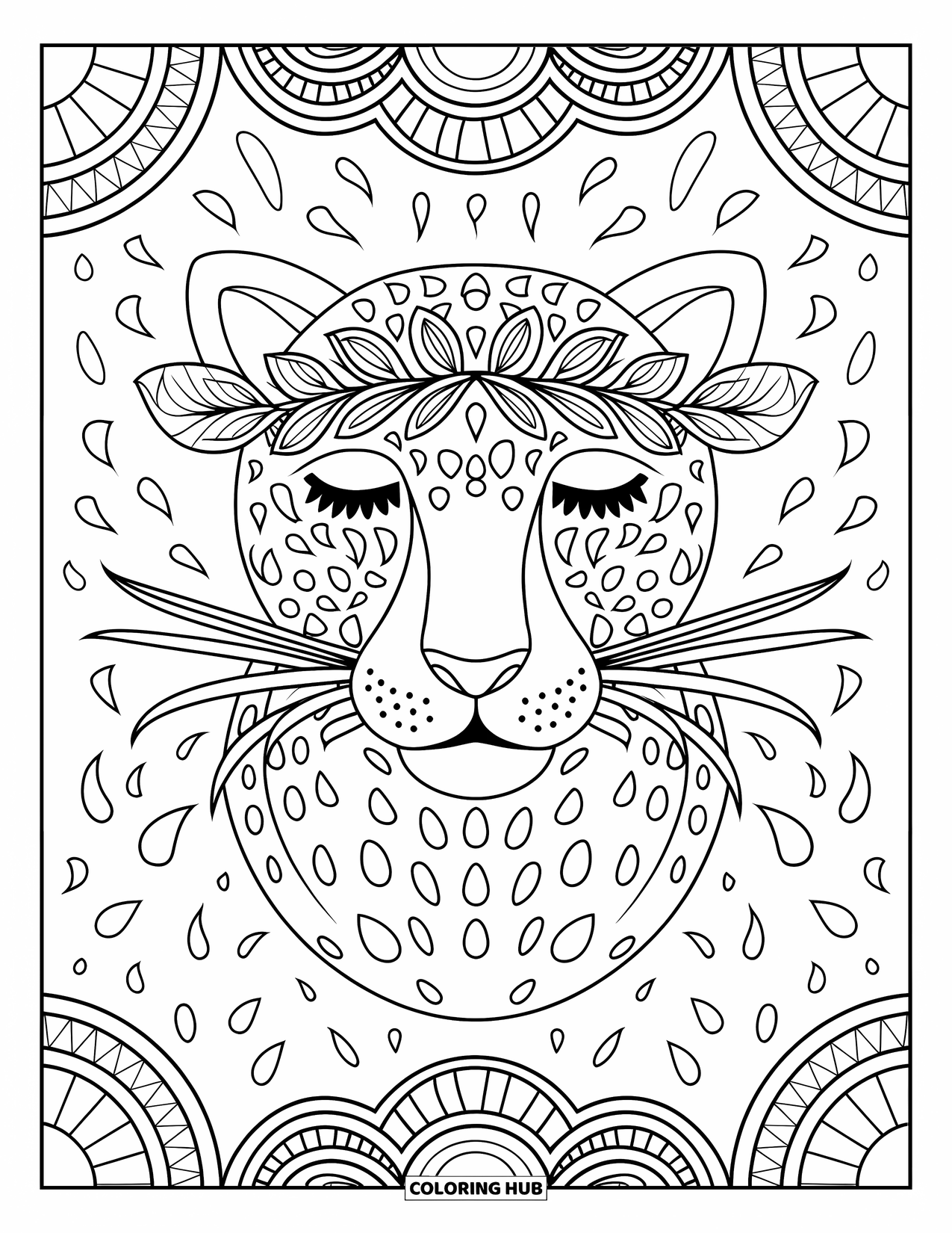 Jaguar Ausmalbild für Erwachsene: Ein ruhiges Jaguar-Gesicht mit Blätterkrone wird von Stammesflecken und gemustertem Hintergrund umrahmt