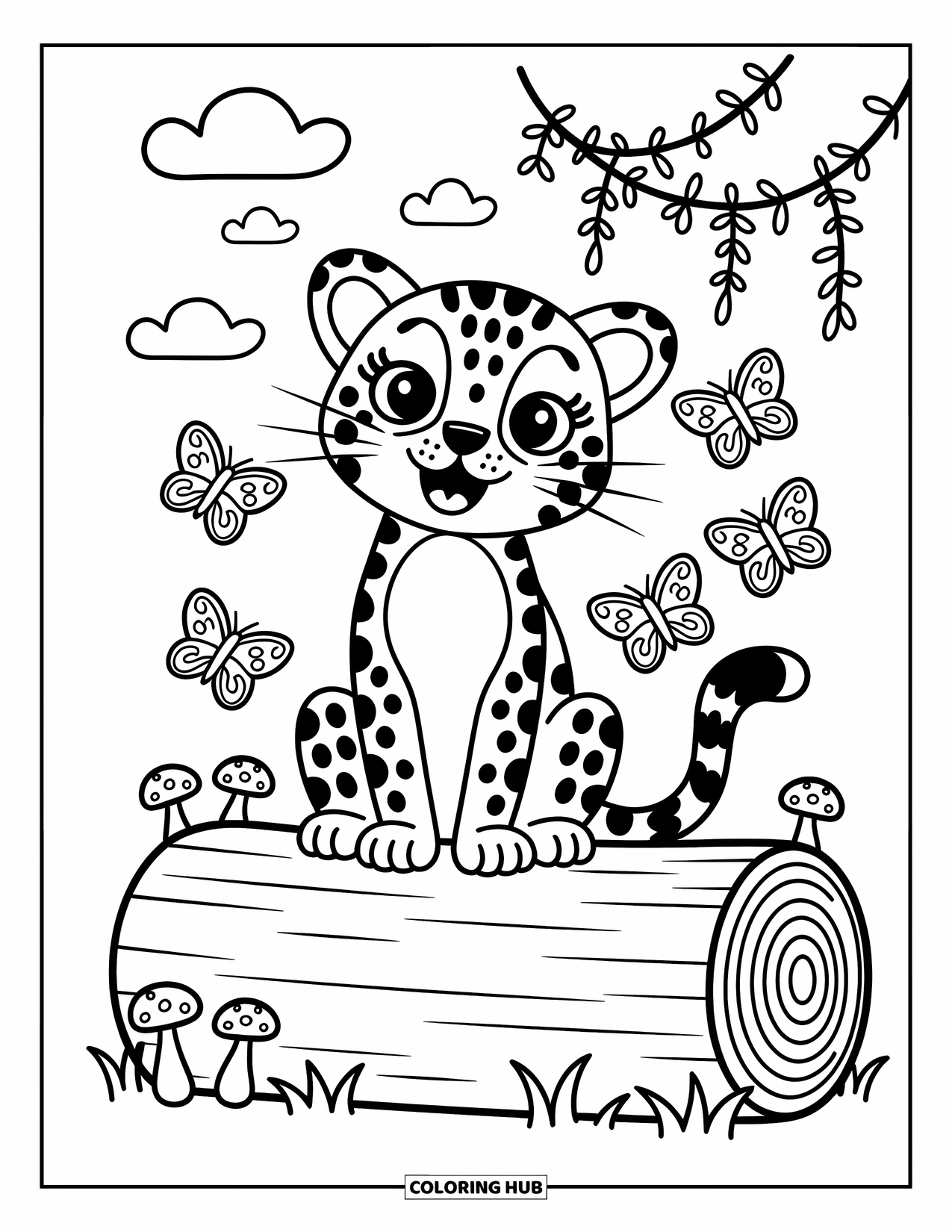 Jaguar Ausmalbild für Erwachsene: Ein lächelnder Jaguar beobachtet Schmetterlinge in der Nähe eines mit Pilzen und Blumen geschmückten Baumstamms