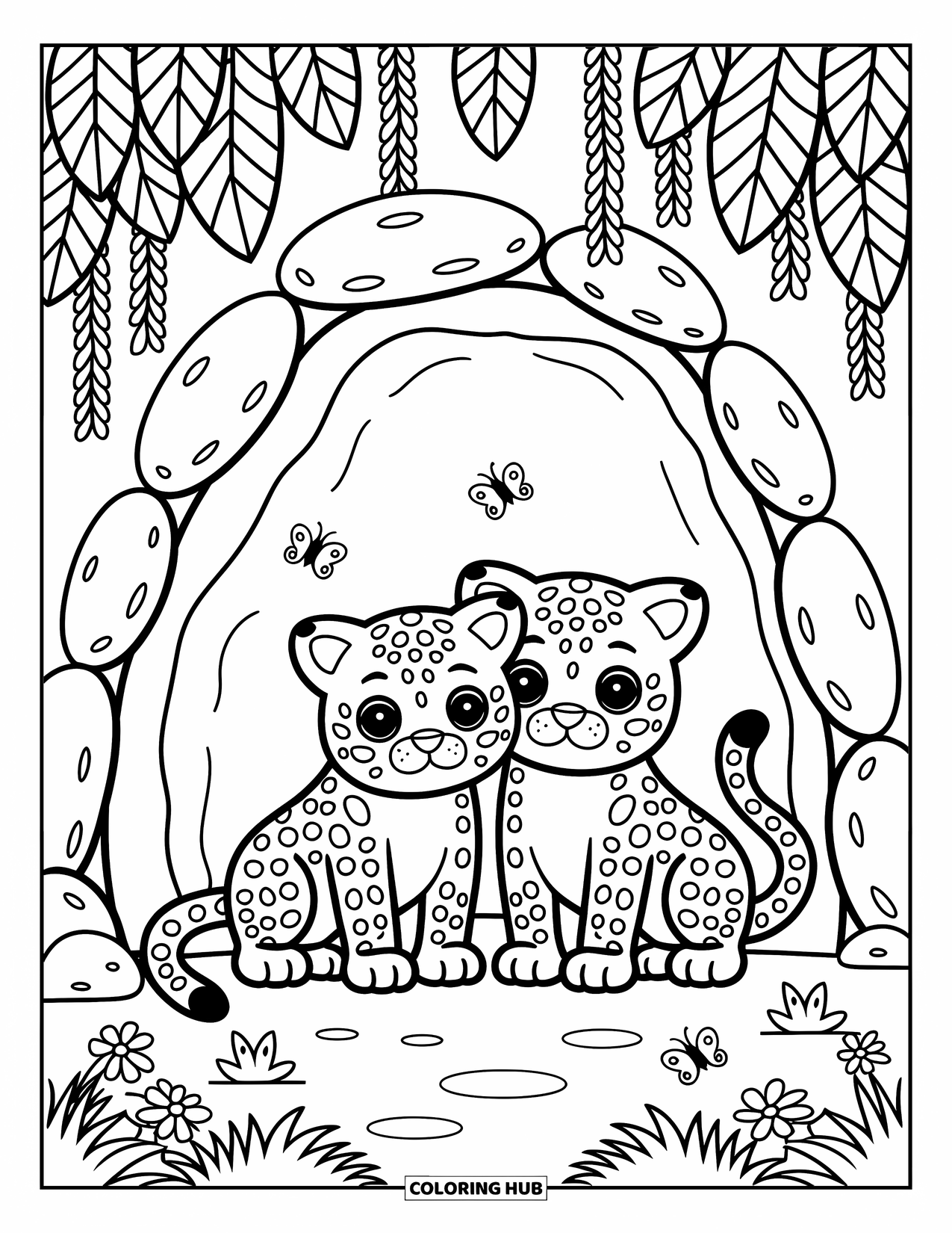 Jaguar Ausmalbild für Erwachsene: Zwei kuschelige Jaguare ruhen in einer gemütlichen Höhle, umrahmt von Moos, Schmetterlingen und Dschungeltieren