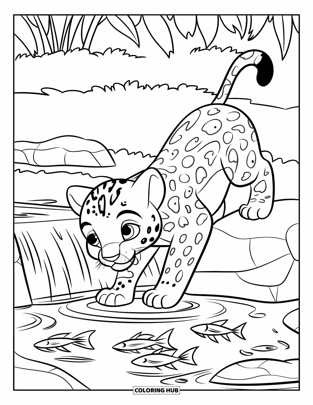 Jaguar Ausmalbild für Kinder: Ein Jaguarwelpe balanciert auf einem Felsen in der Nähe eines Teiches mit schwimmenden Fischen und hohen Bäumen