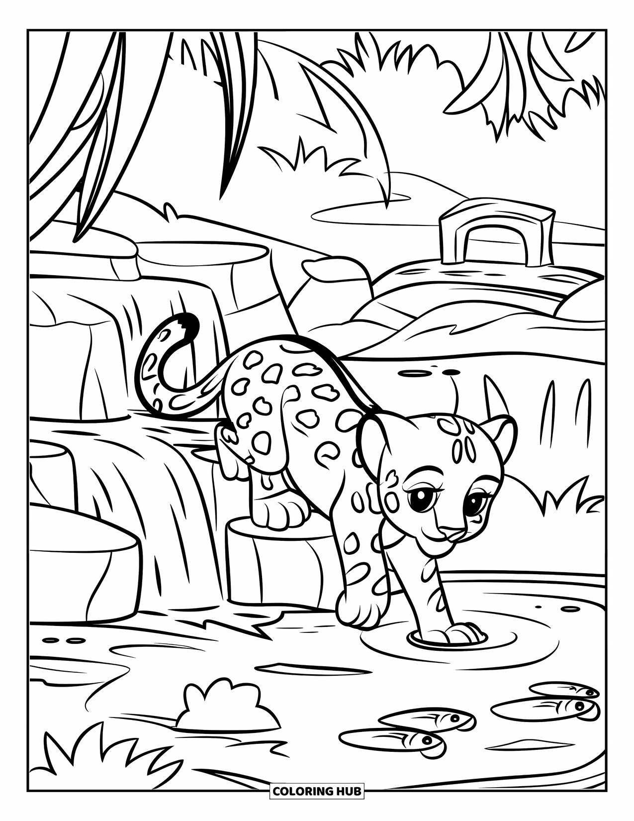 Jaguar Ausmalbild für Kinder: Ein Jaguarwelpe taucht eine Pfote in Wasser in der Nähe eines Wasserfalls und eines Fischteichs