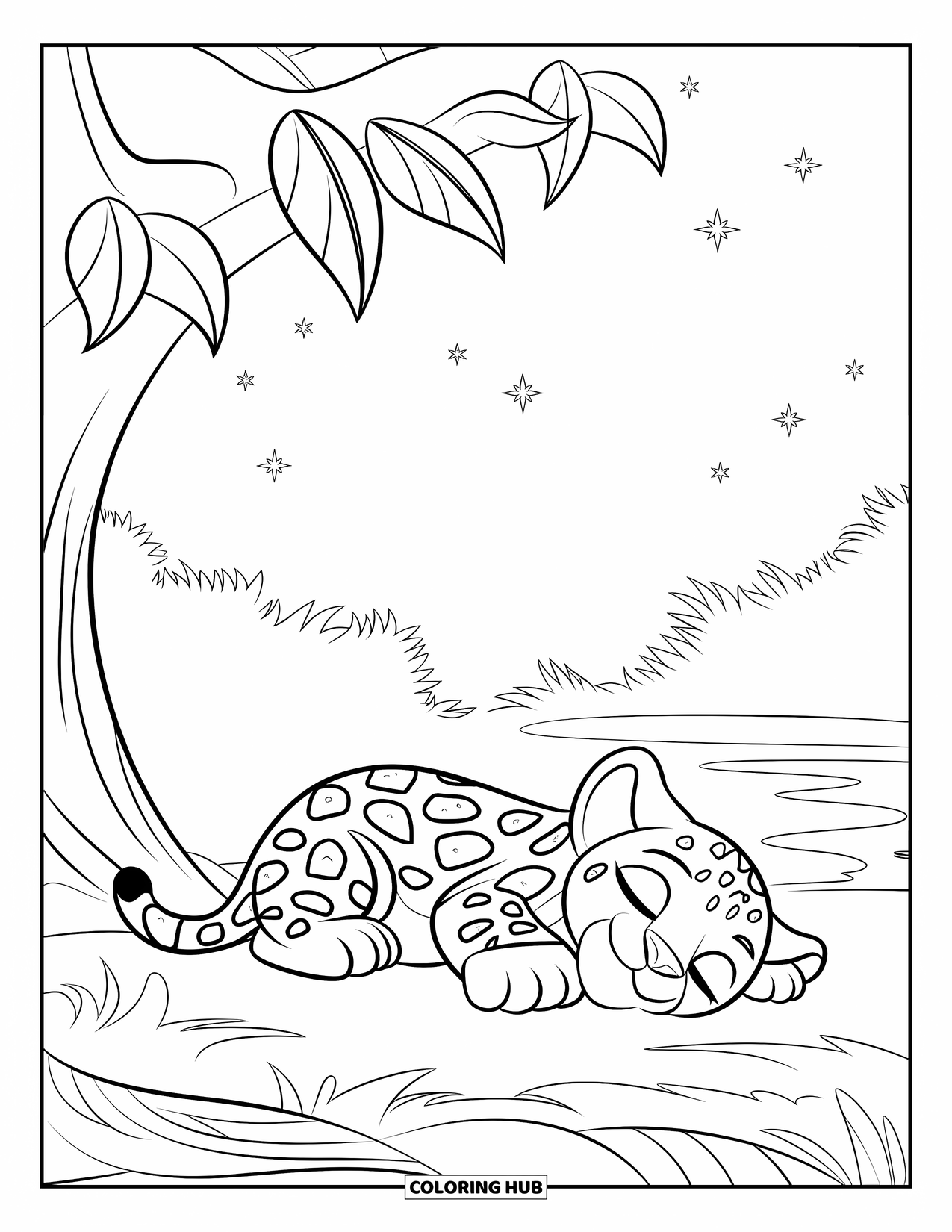 Jaguar Ausmalbild für Kinder: Ein Jaguarwelpe schläft unter einem Baum in der Nähe von Wasser mit ein paar Sternen am klaren Himmel