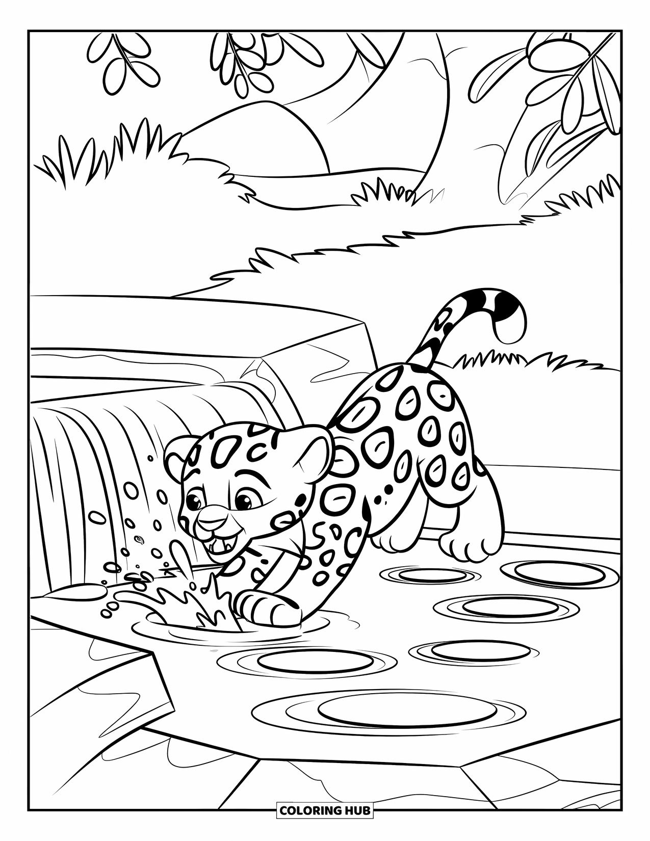 Jaguar Ausmalbild für Kinder: Ein Jaguarwelpe spritzt Wasser in einen Teich in der Nähe eines kleinen Wasserfalls in einem grünen Dschungel