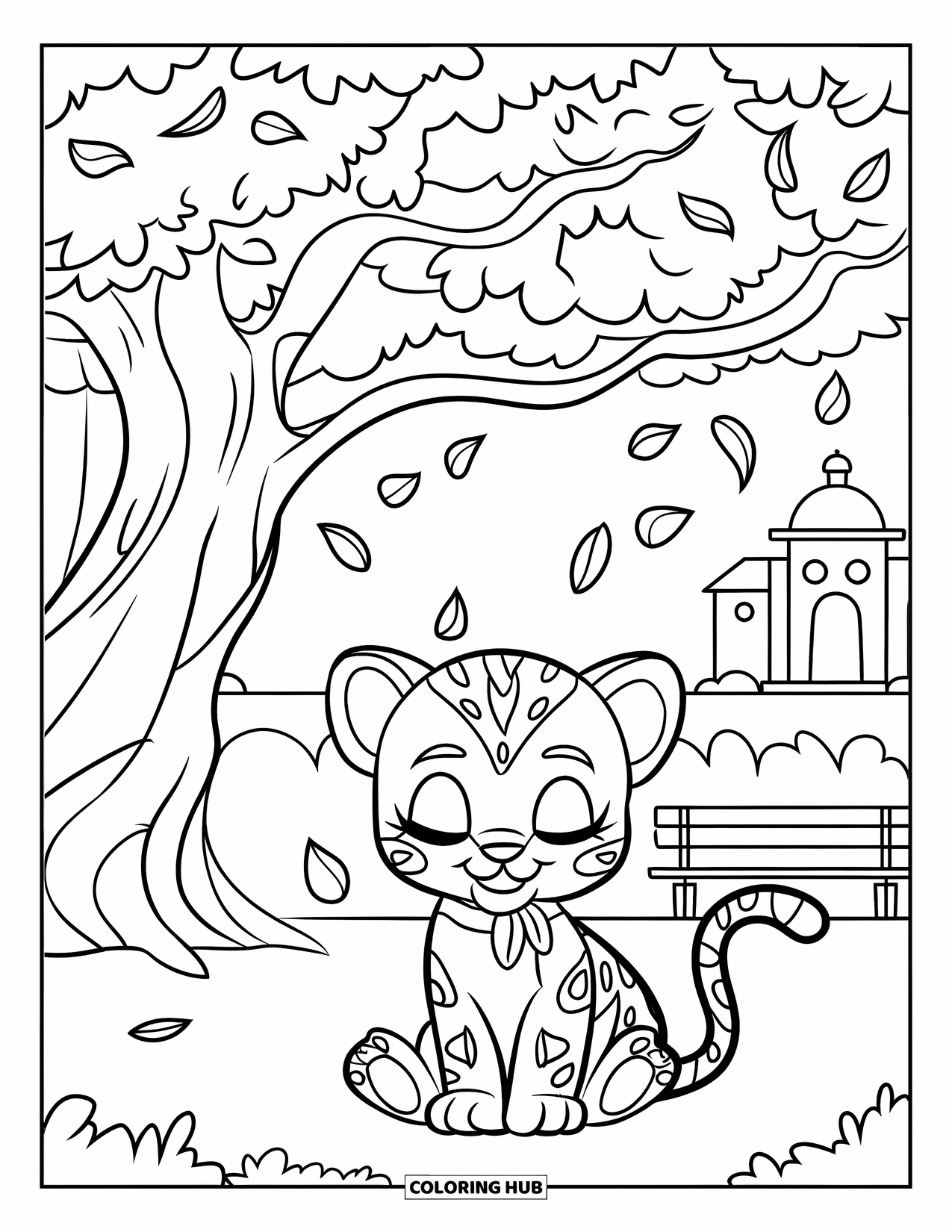 Jaguar Ausmalbild für Kinder: Ein Jaguarwelpe mit einem roten Schal ruht unter einem belaubten Baum neben einer Bank und einem roten Gebäude