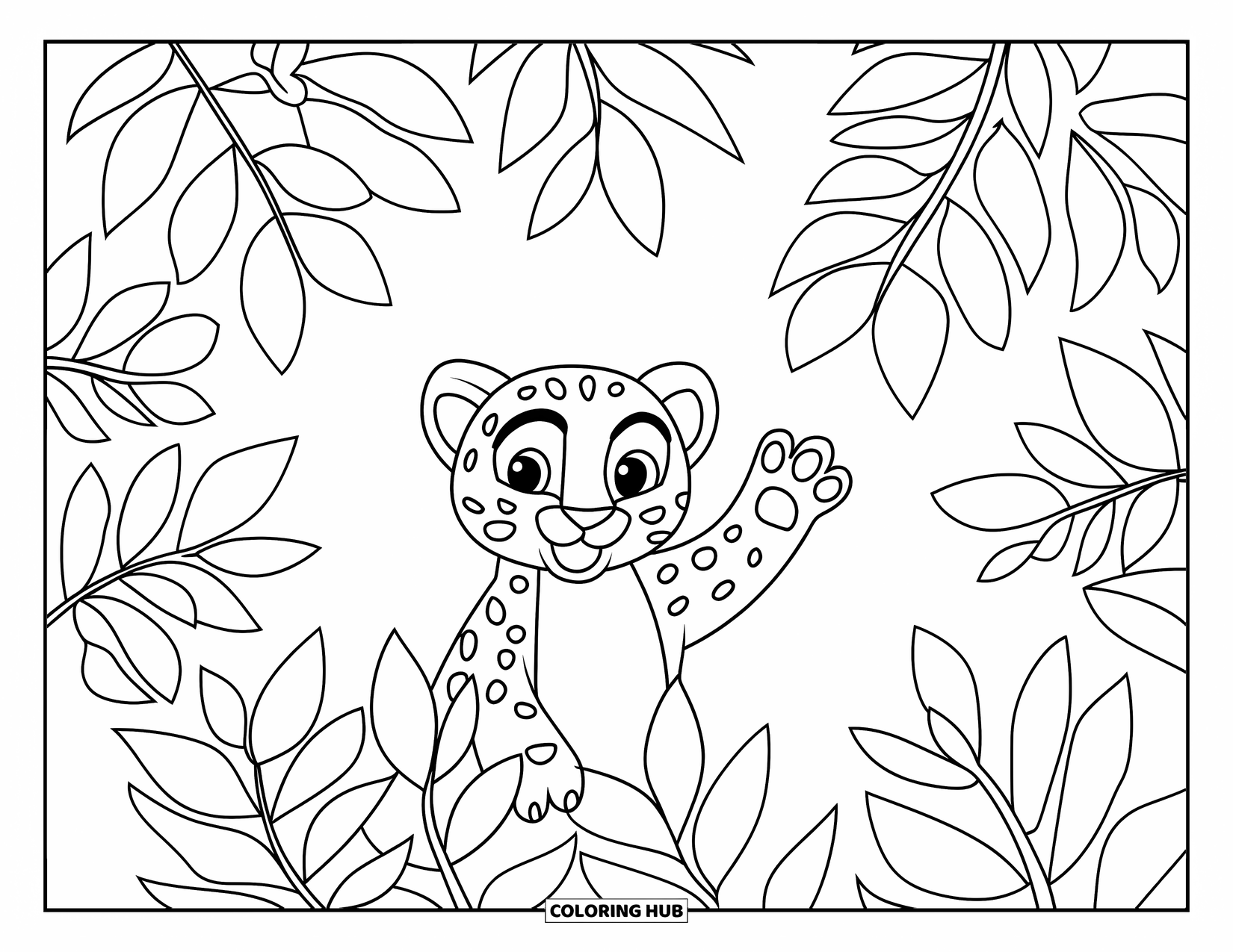 Jaguar Ausmalbild für Kinder: Ein Jaguar im Cartoon-Stil winkt aus einem Busch voller runder Blätter in einer sauberen Umgebung