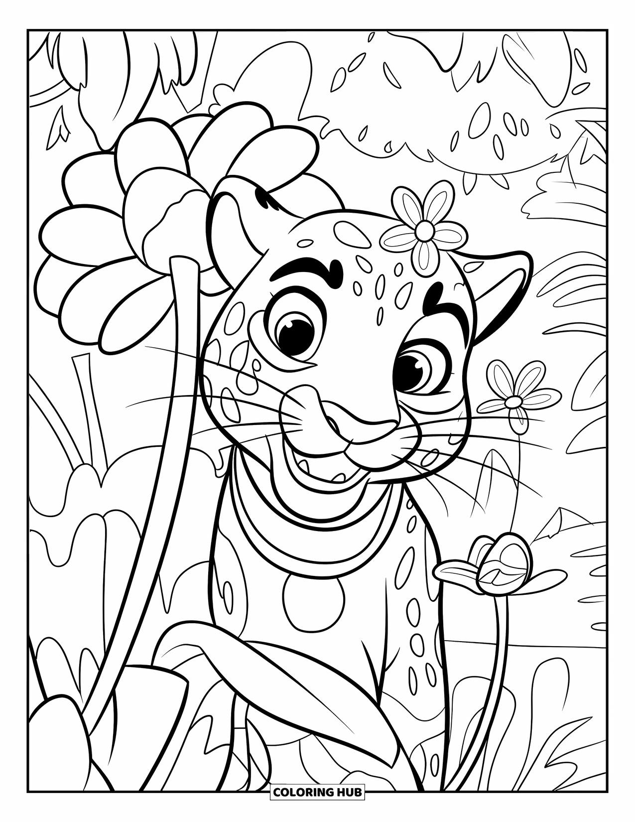 Jaguar Ausmalbild für Kinder: Ein fröhlicher Jaguar späht hinter einer Blume mit einem Halsband und einer Blüte auf dem Kopf hervor