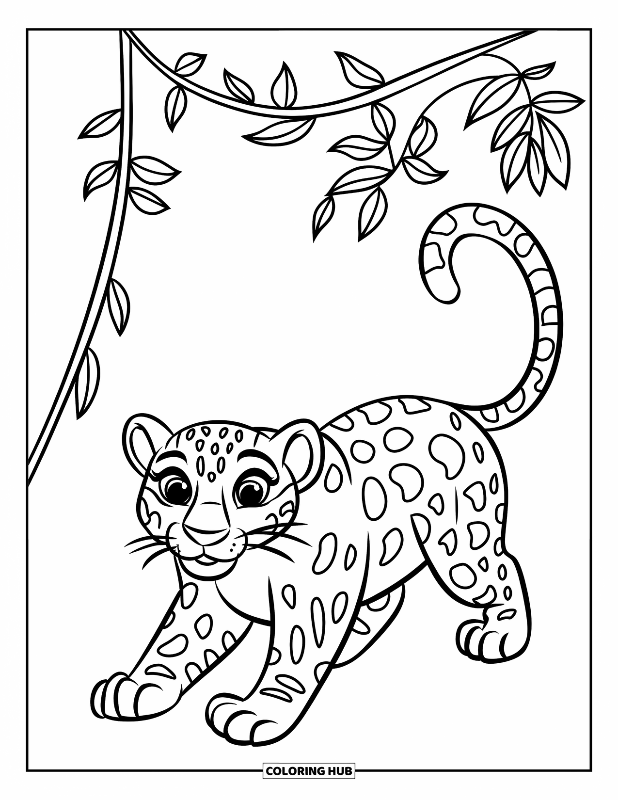 Jaguar Ausmalbild für Kinder: Ein fröhlicher Jaguar geht durch einfache Dschungellianen auf einem weißen Hintergrund