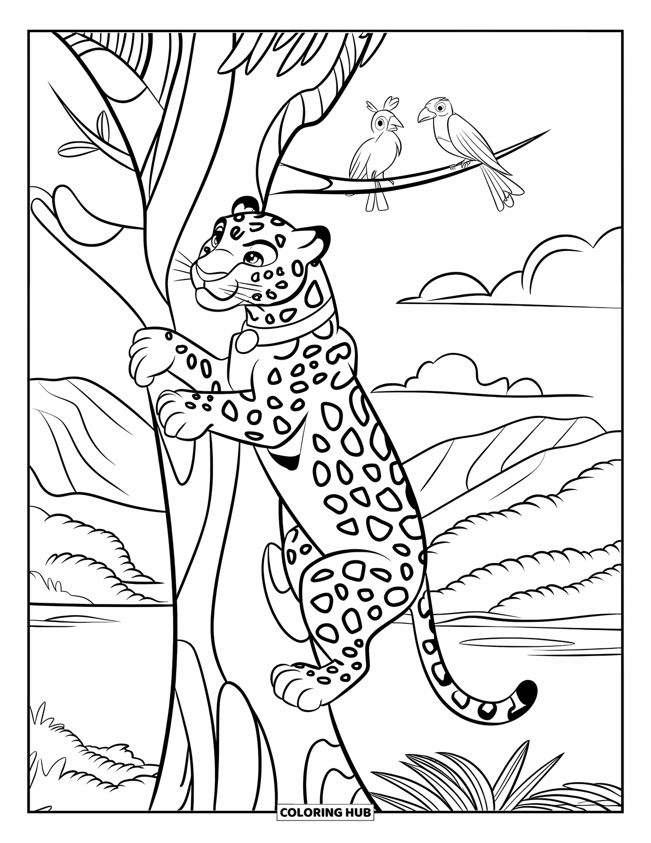 Jaguar Ausmalbild für Kinder: Ein Jaguar mit Halsband klettert auf Vögel in einem Baum zu, mit Bergen und einem See dahinter
