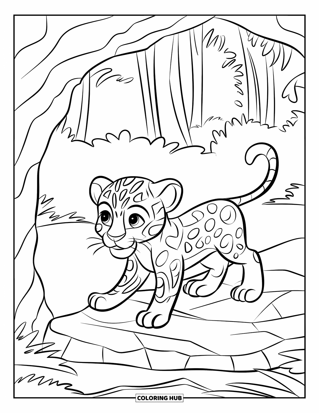 Jaguar Ausmalbild für Kinder: Ein neugieriger Jaguarwelpe erkundet eine felsige Dschungelhöhle