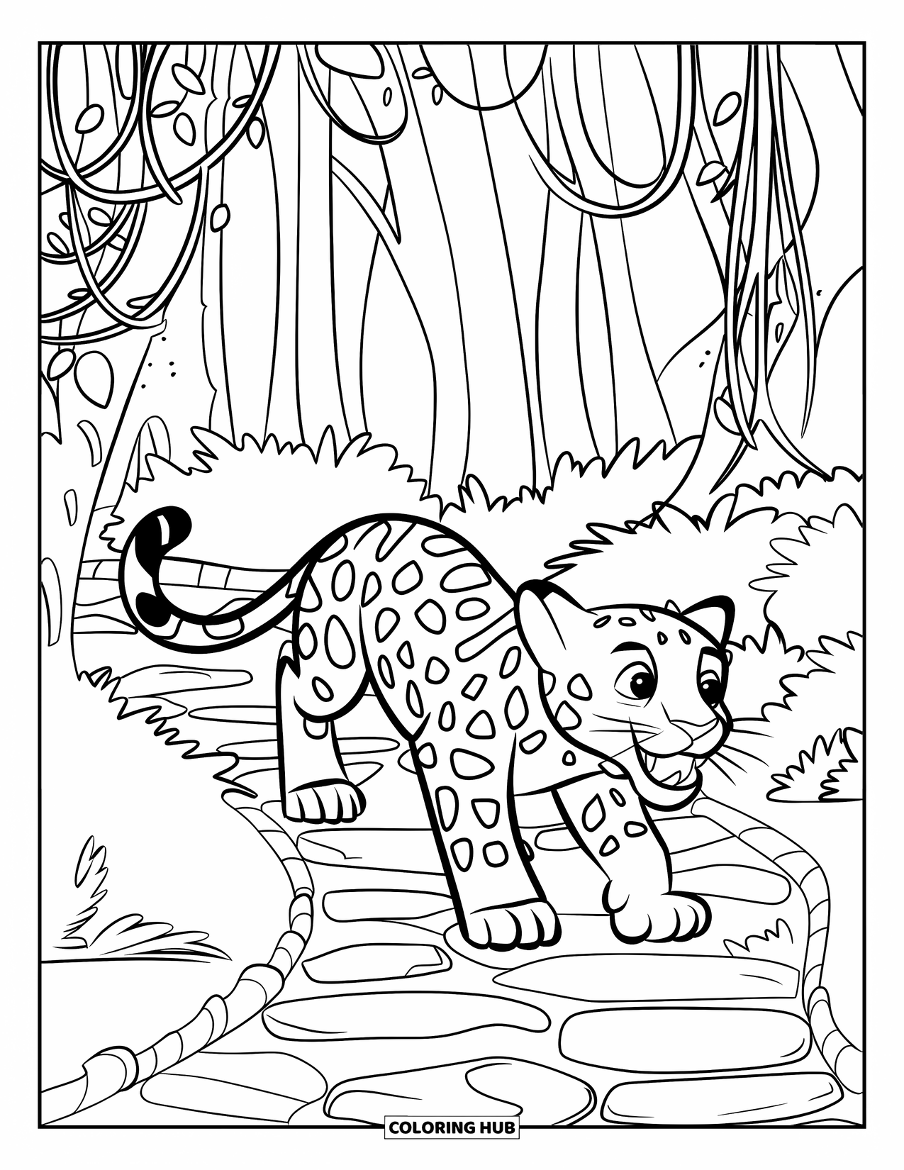 Jaguar Ausmalbild für Kinder: Ein neugieriger Jaguar geht einen Dschungelpfad entlang, der mit Lianen und Steinplatten gesäumt ist
