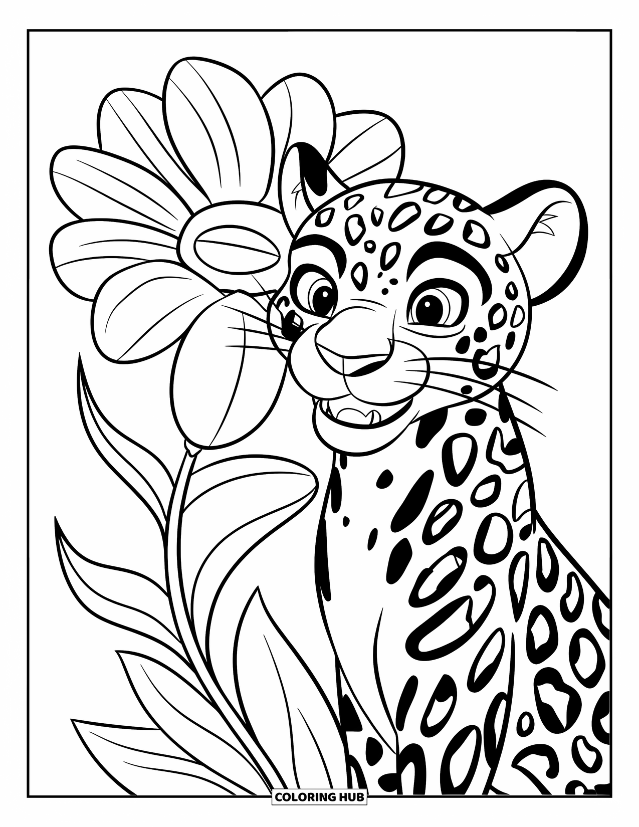 Jaguar Ausmalbild für Kinder: Ein grinsender Jaguar späht hinter einer gemusterten Blume auf einem weißen Hintergrund hervor