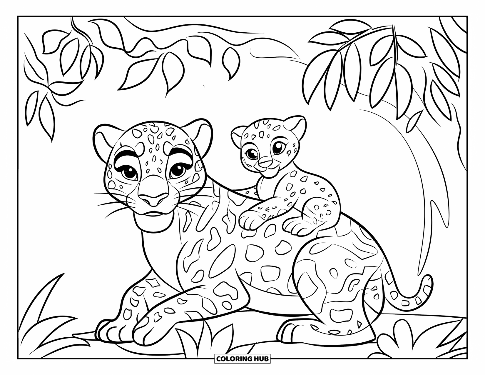 Jaguar Ausmalbild für Kinder: Ein Jaguar und ein Junges kuscheln unter Blättern in einer Dschungellichtung