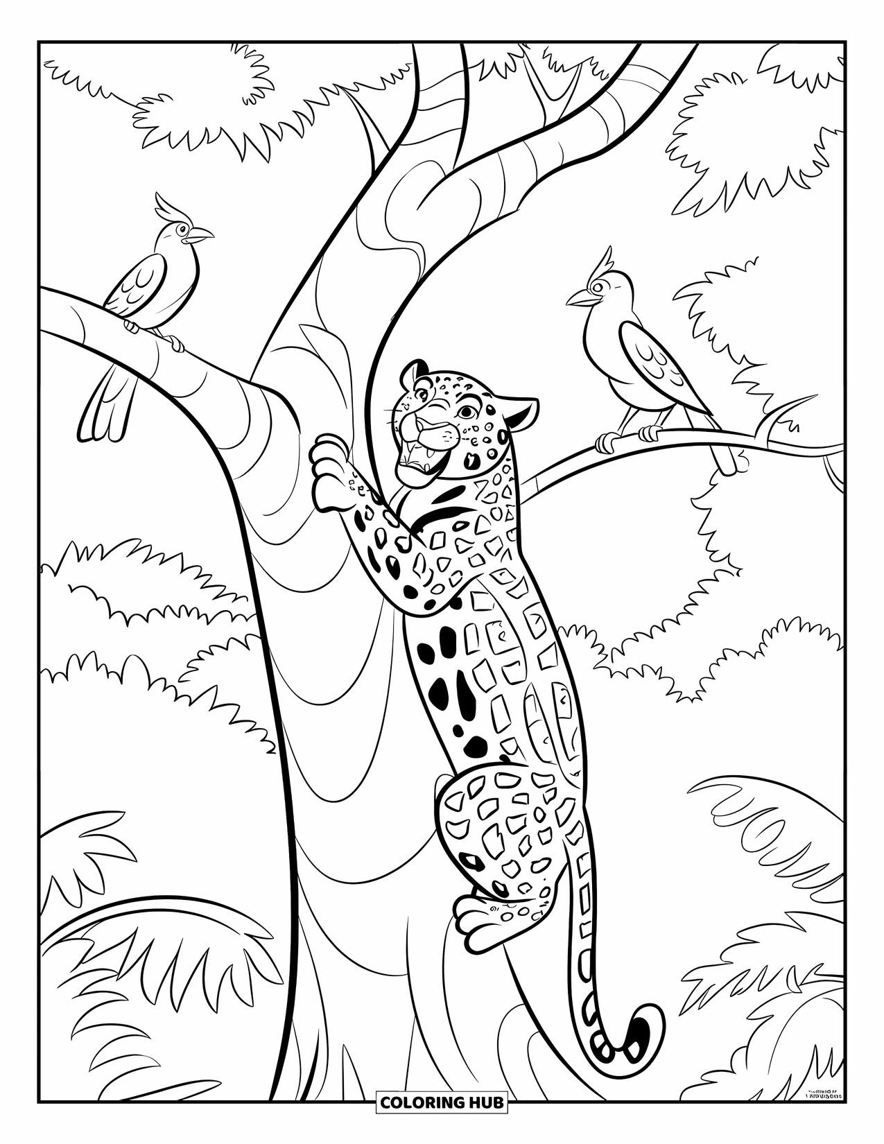 Jaguar Ausmalbild für Kinder: Ein Jaguar klettert auf einen Baum, während zwei Vögel von einem glattrindigen Ast aus zusehen