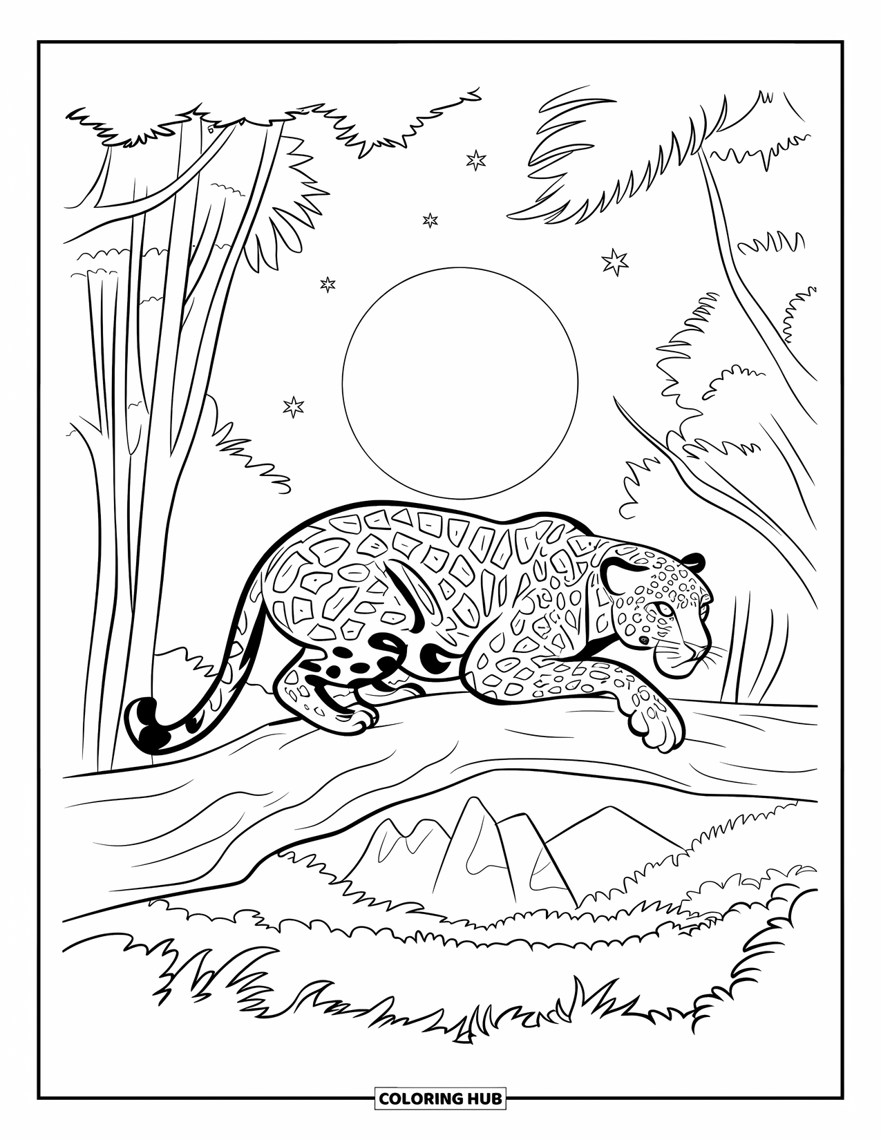 Jaguar Ausmalbild für Kinder: Ein Jaguar kauert auf einem Ast, der von einem leuchtenden Vollmond beleuchtet wird