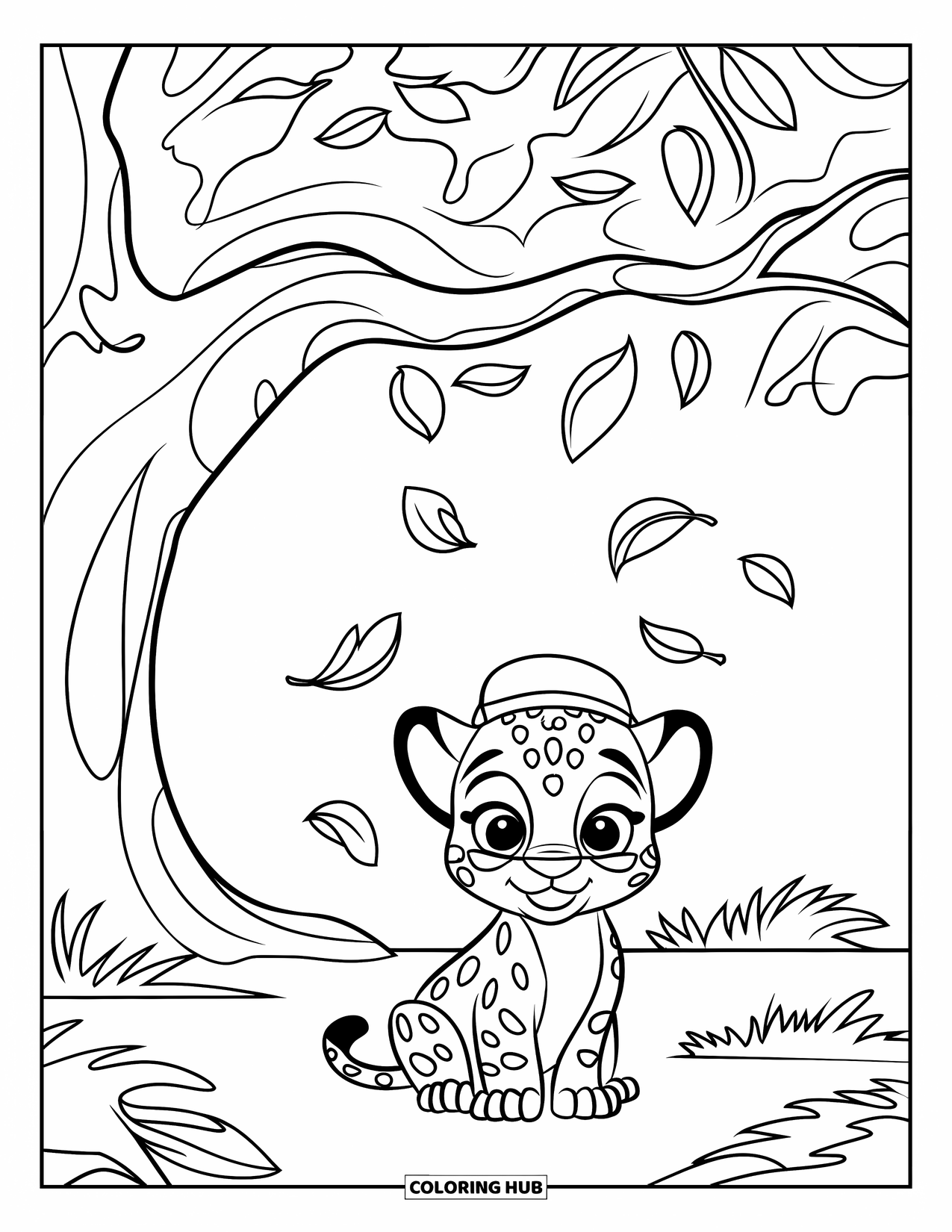 Jaguar Ausmalbild für Kinder: Ein Jaguarjunges mit einem winzigen Hut ruht unter einem Baum mit großen Ästen und sauberem Hintergrund