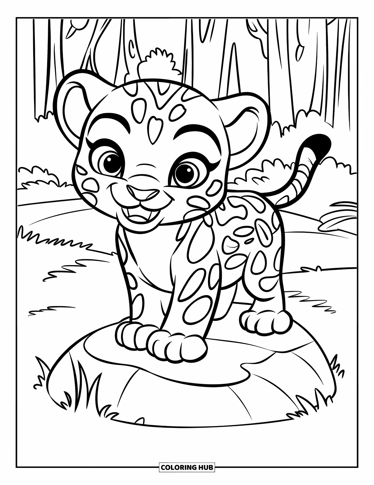 Jaguar Ausmalbild für Kinder: Ein Jaguarwelpe mit niedlichen Ohren und großen Augen lächelt auf einem Felsen in einem ruhigen Wald