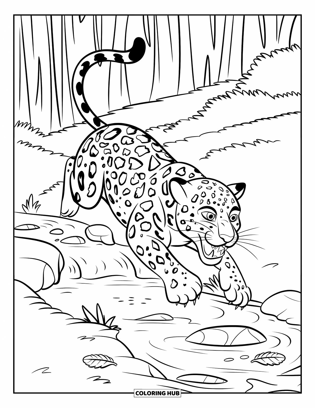 Jaguar Ausmalbild für Kinder: Ein Jaguar springt mit offenem Maul über einen Bach, umgeben von Felsen und Waldgrün