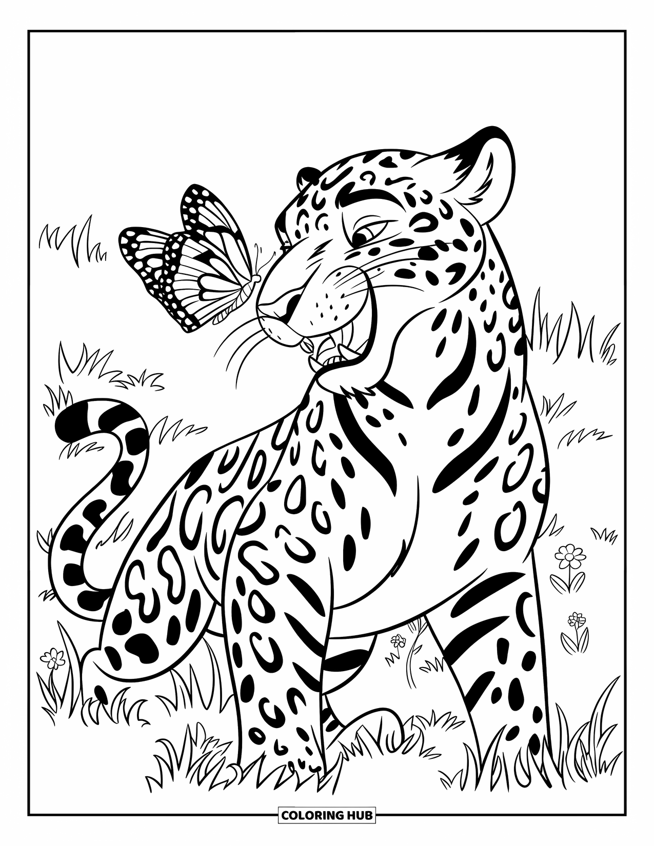 Jaguar Ausmalbild für Kinder: Ein Jaguar öffnet verspielt sein Maul, während ein Schmetterling in einem Blumenfeld auf seiner Nase sitzt