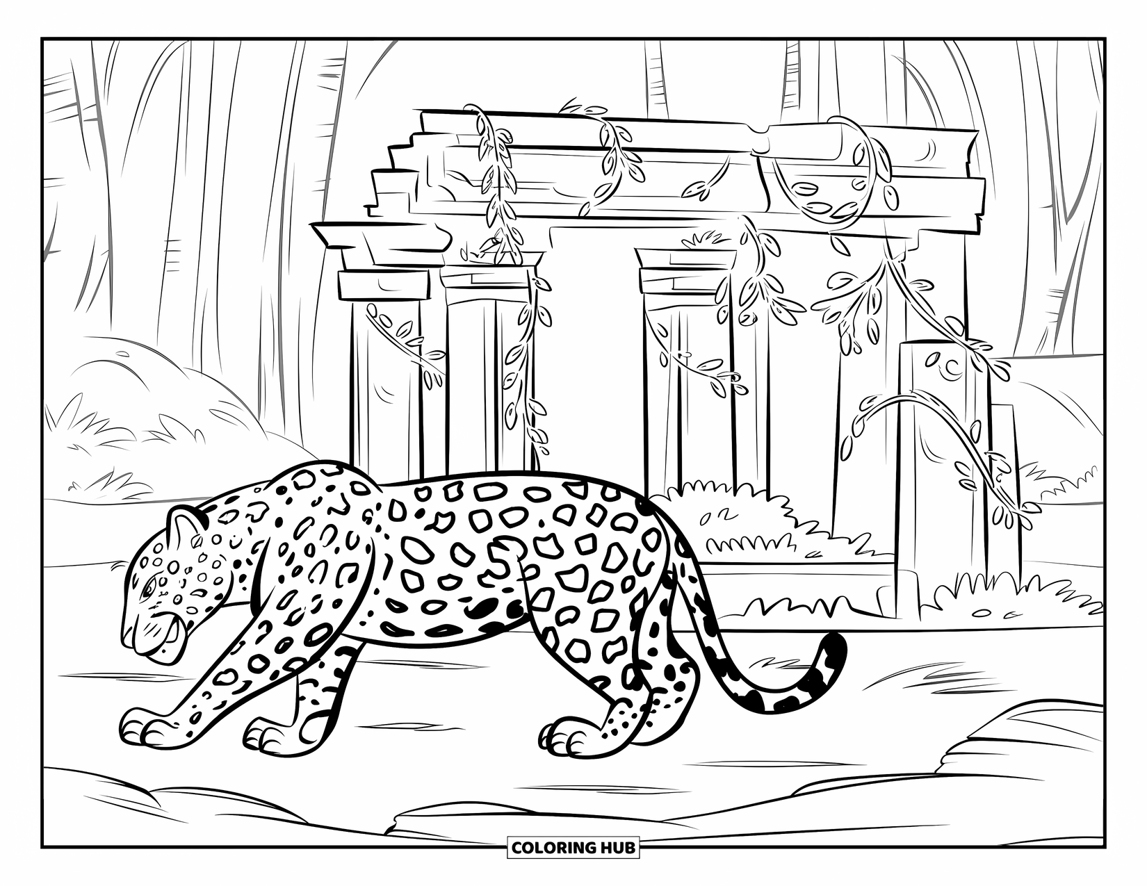 Jaguar Ausmalbild für Kinder: Ein Jaguar pirscht in der Nähe von mit Lianen bewachsenen Dschungelruinen unter hohen Bäumen
