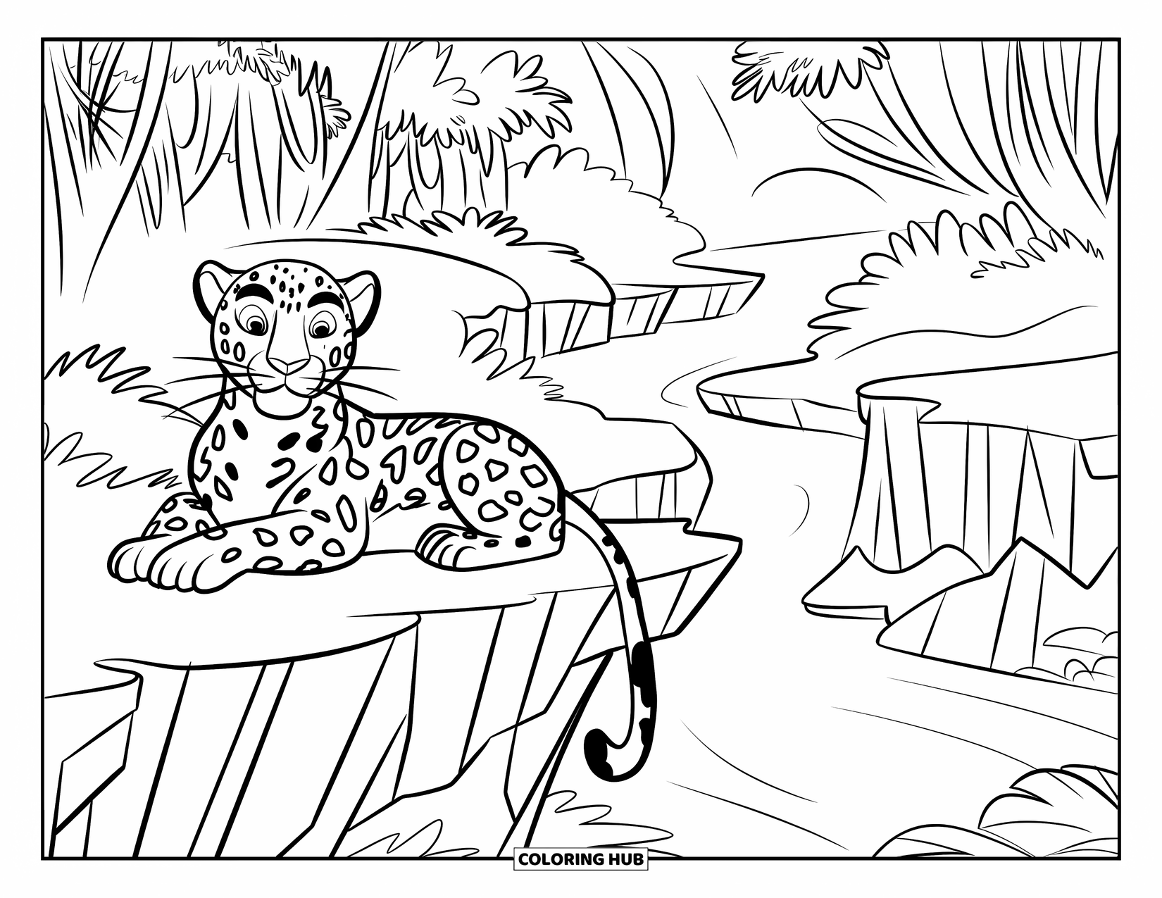 Jaguar Ausmalbild für Kinder: Ein Jaguar ruht auf einer Klippe und beobachtet einen Dschungelfluss unter sich