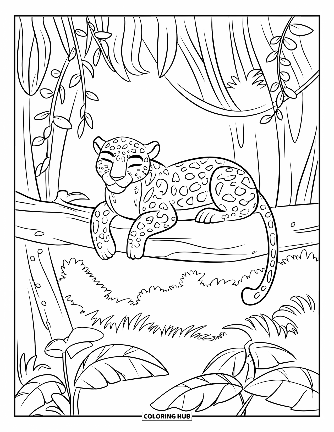 Jaguar Ausmalbild für Kinder: Ein Jaguar ruht friedlich auf einem großen Ast in einem Dschungel voller Lianen und Bäume